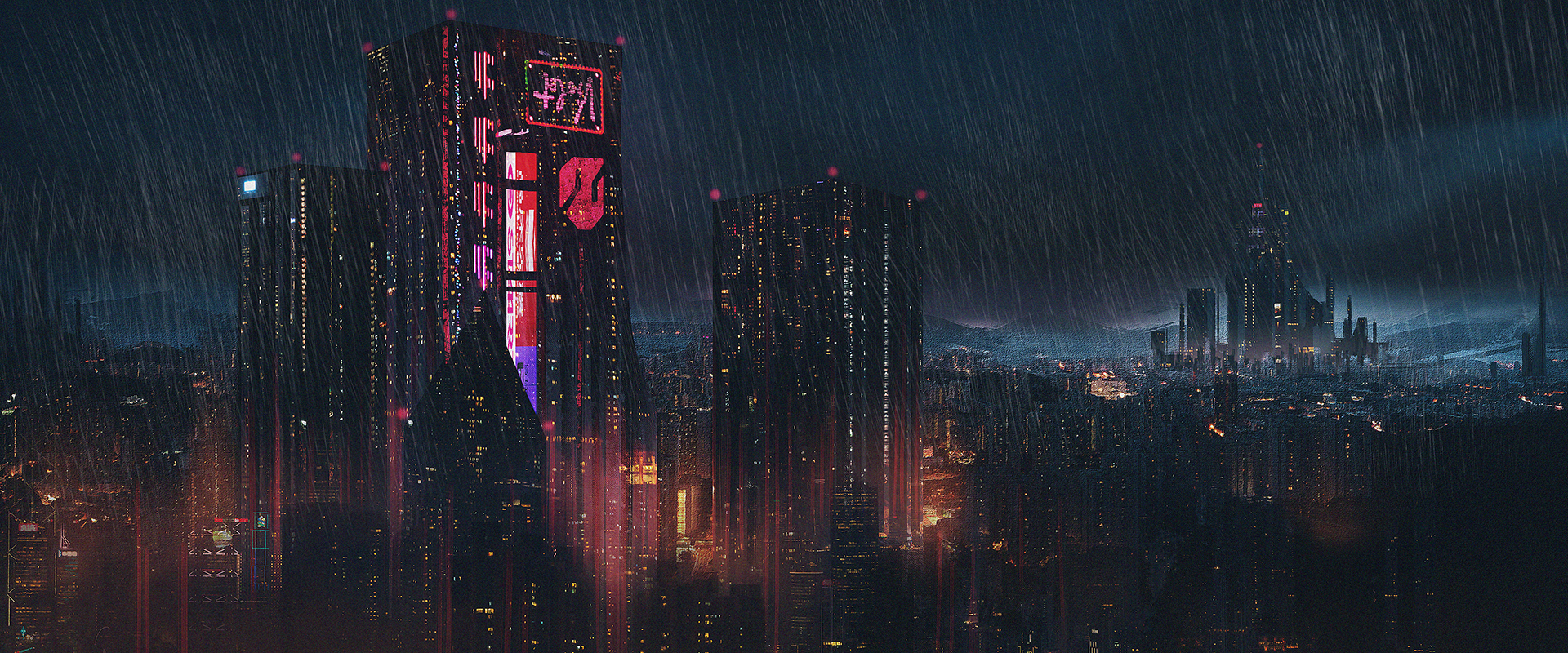 Rainy futuristic city with neon lights HD Wallpaper