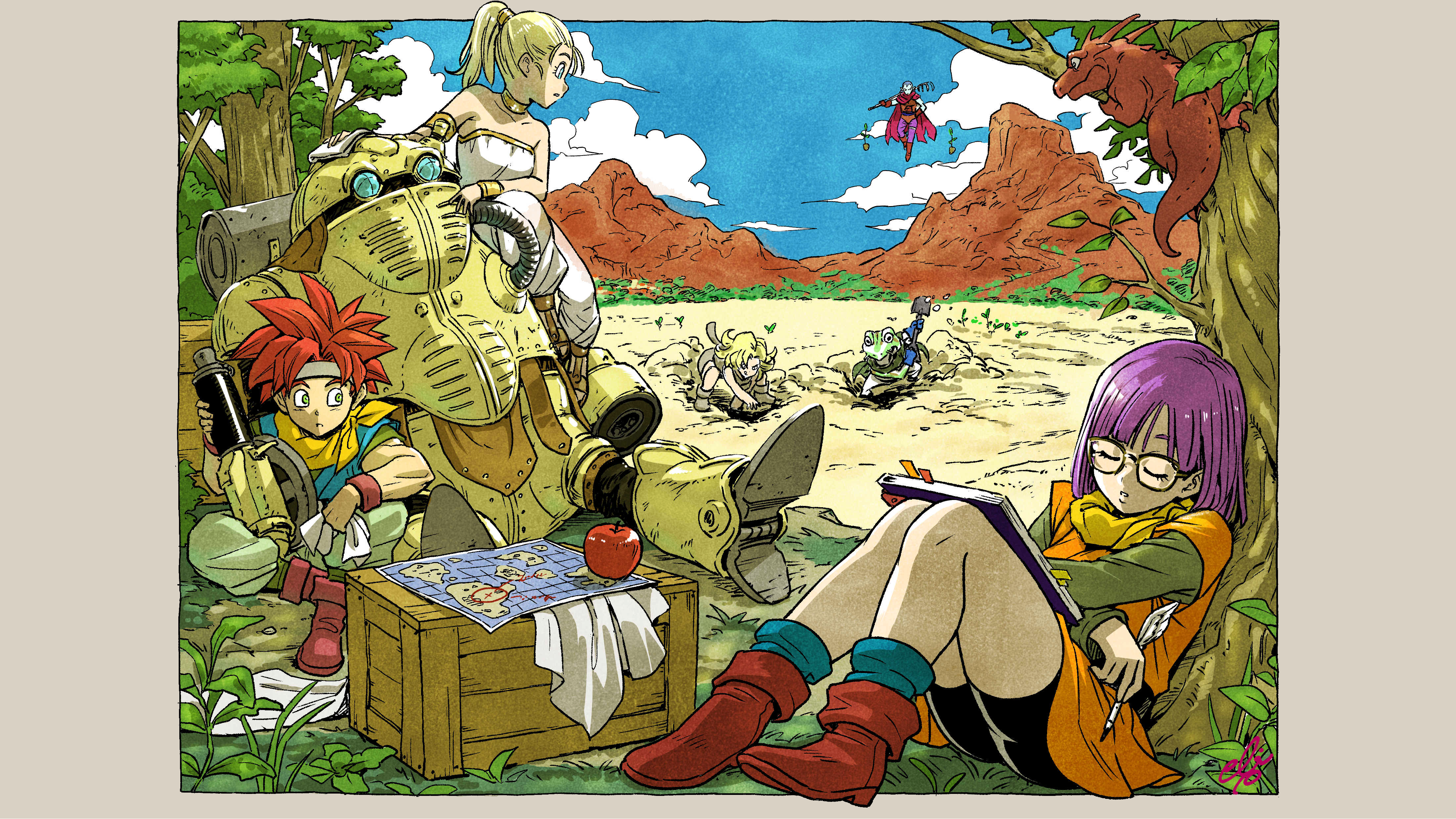 Chrono Trigger characters resting in a desert landscape HD Wallpaper