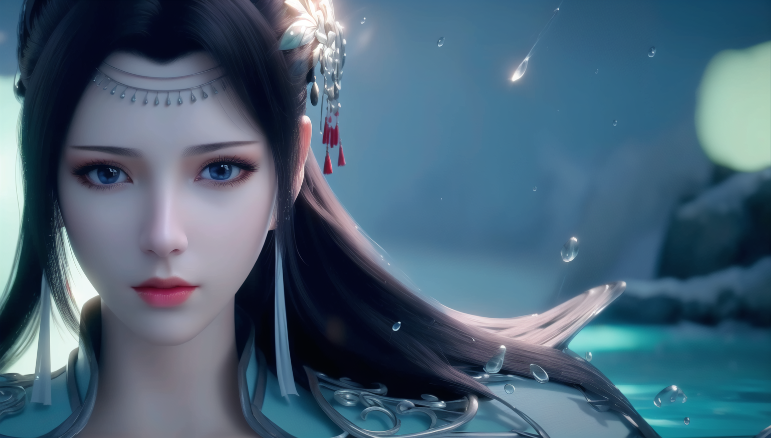 Asian woman with blue eyes and black hair in water HD Wallpaper