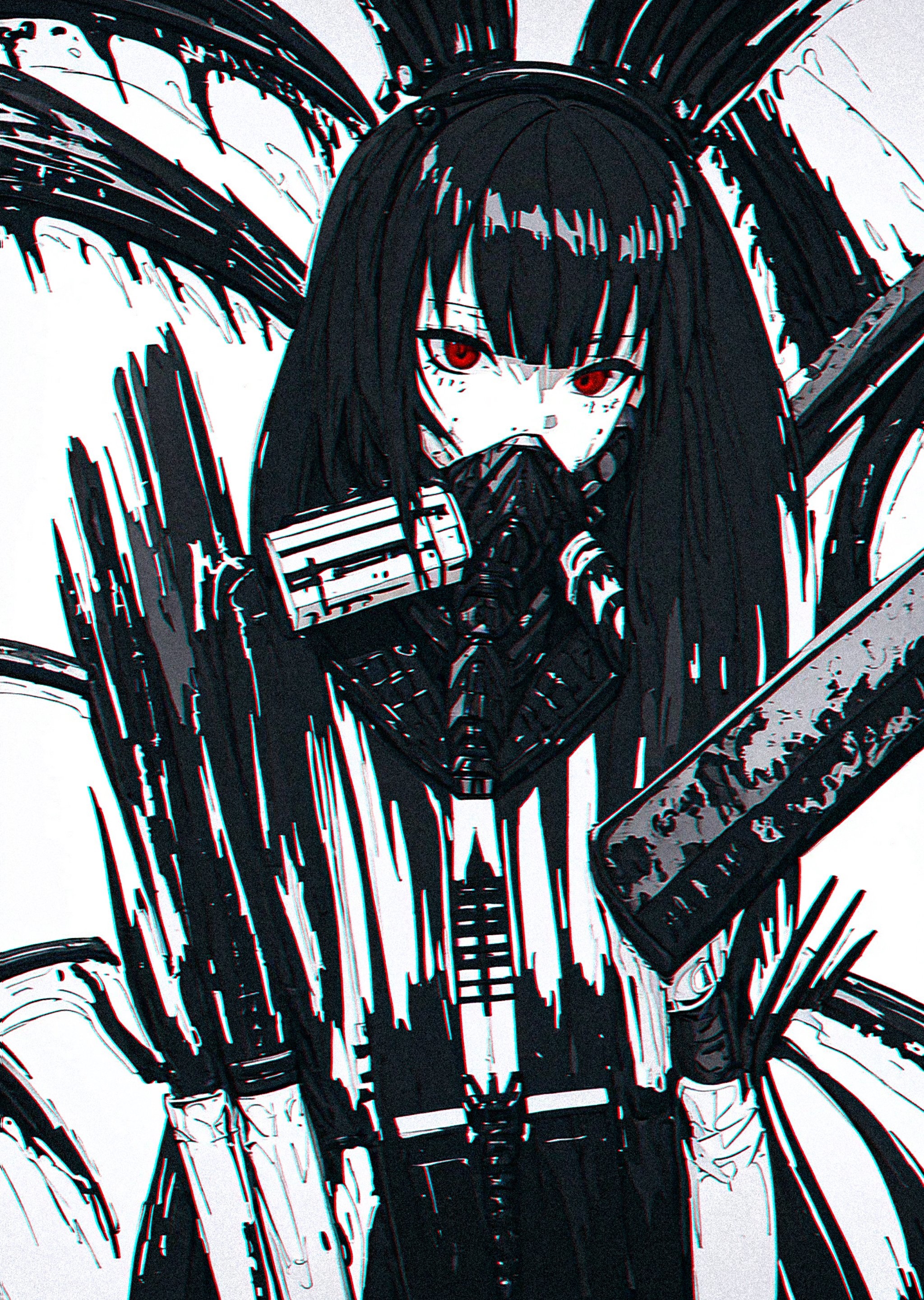 Monochrome anime girl with red eyes and gas mask HD Phone Wallpaper