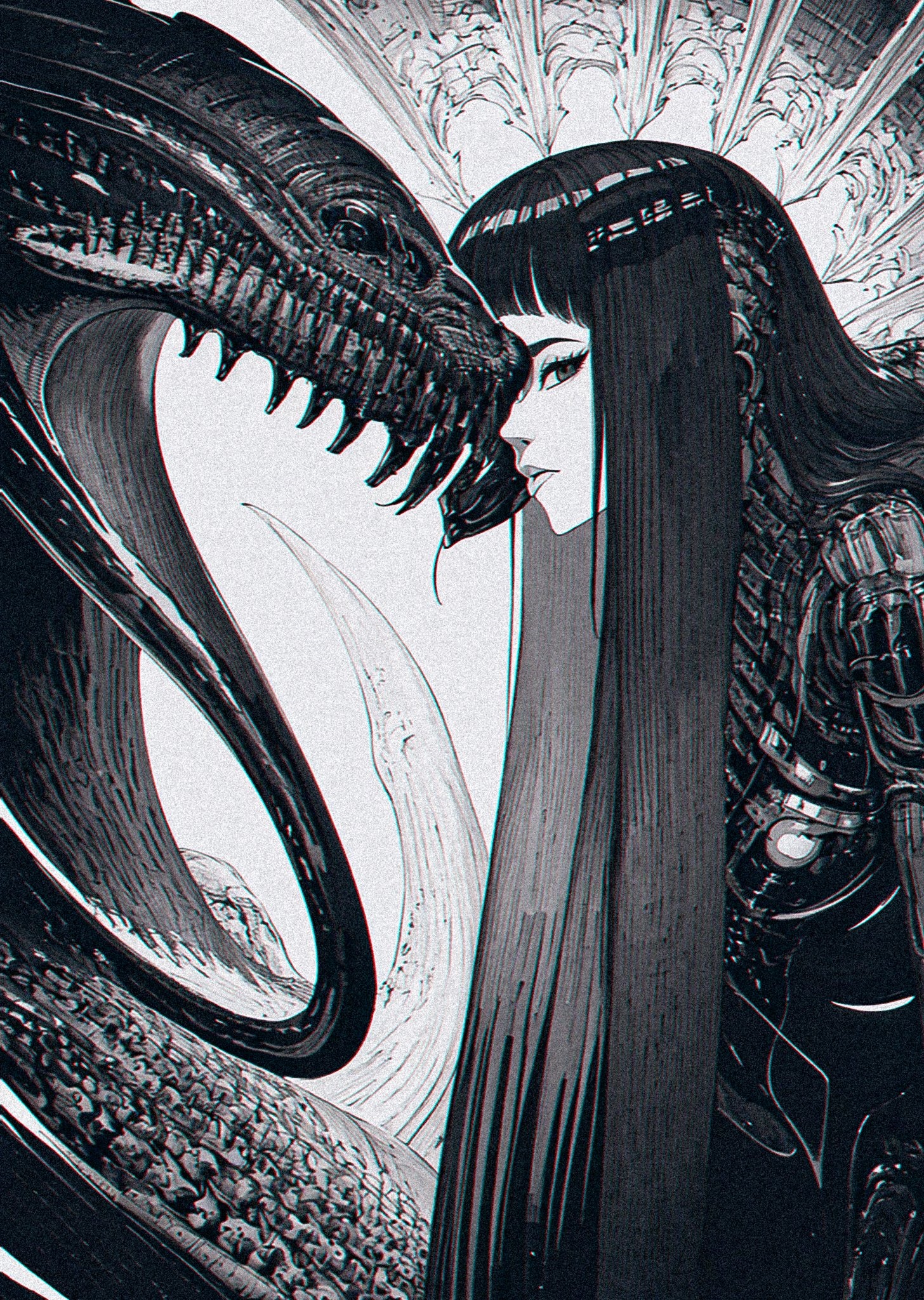 Monochrome portrait of a woman and a xenomorph creature HD Phone Wallpaper