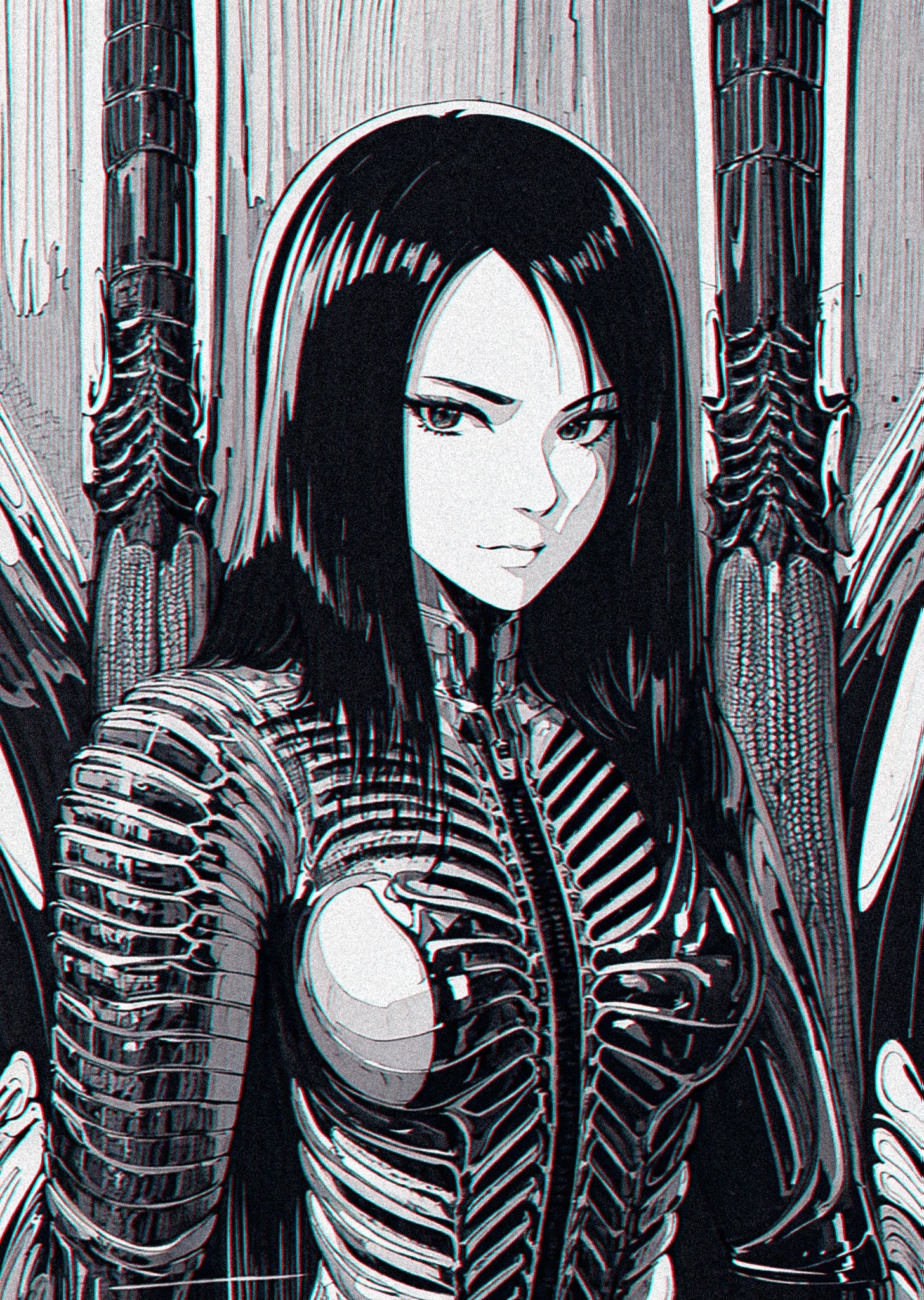 Monochrome anime girl in a skeletal suit HD Phone Wallpaper