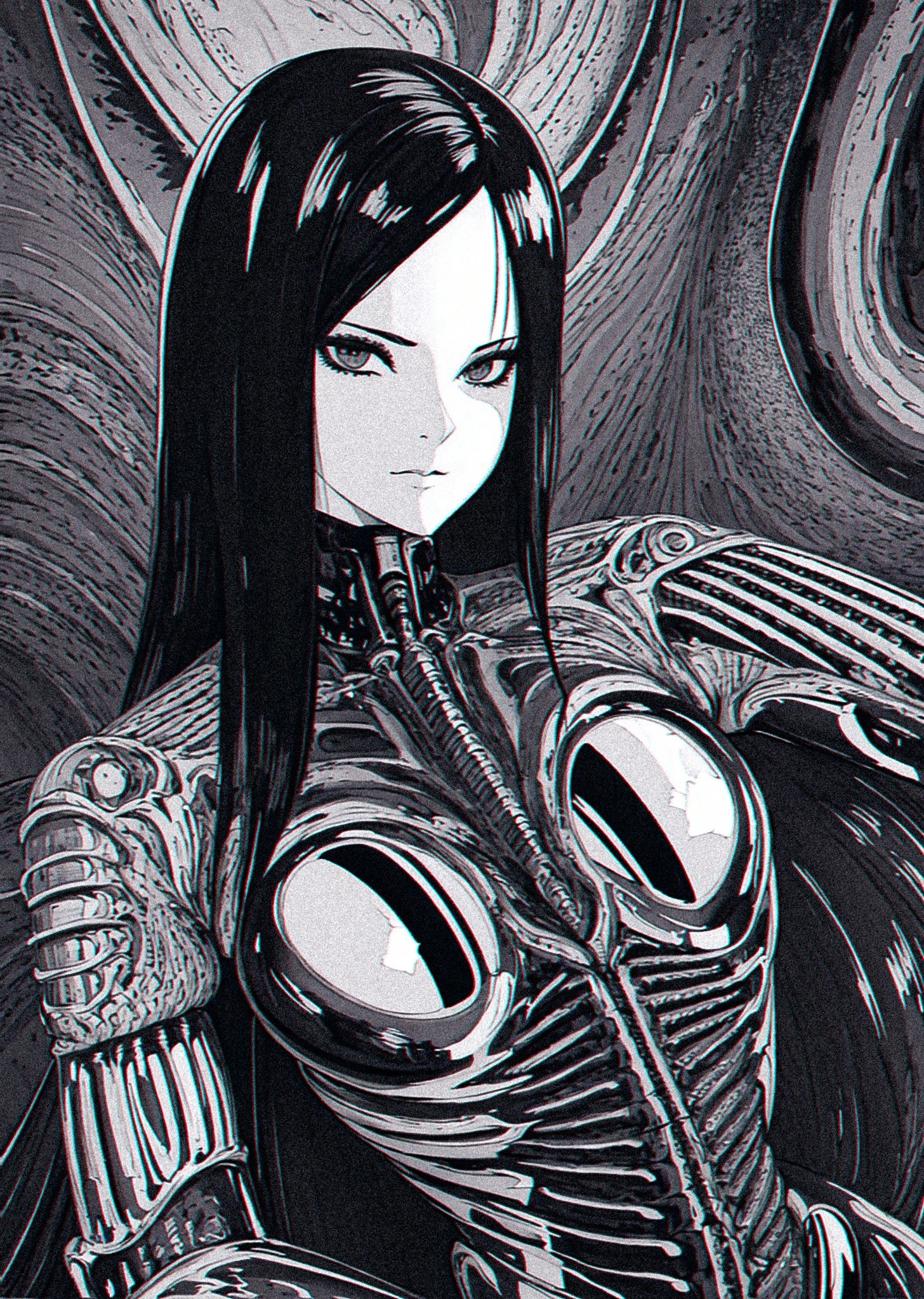 Monochrome artwork of a cyborg woman HD Phone Wallpaper