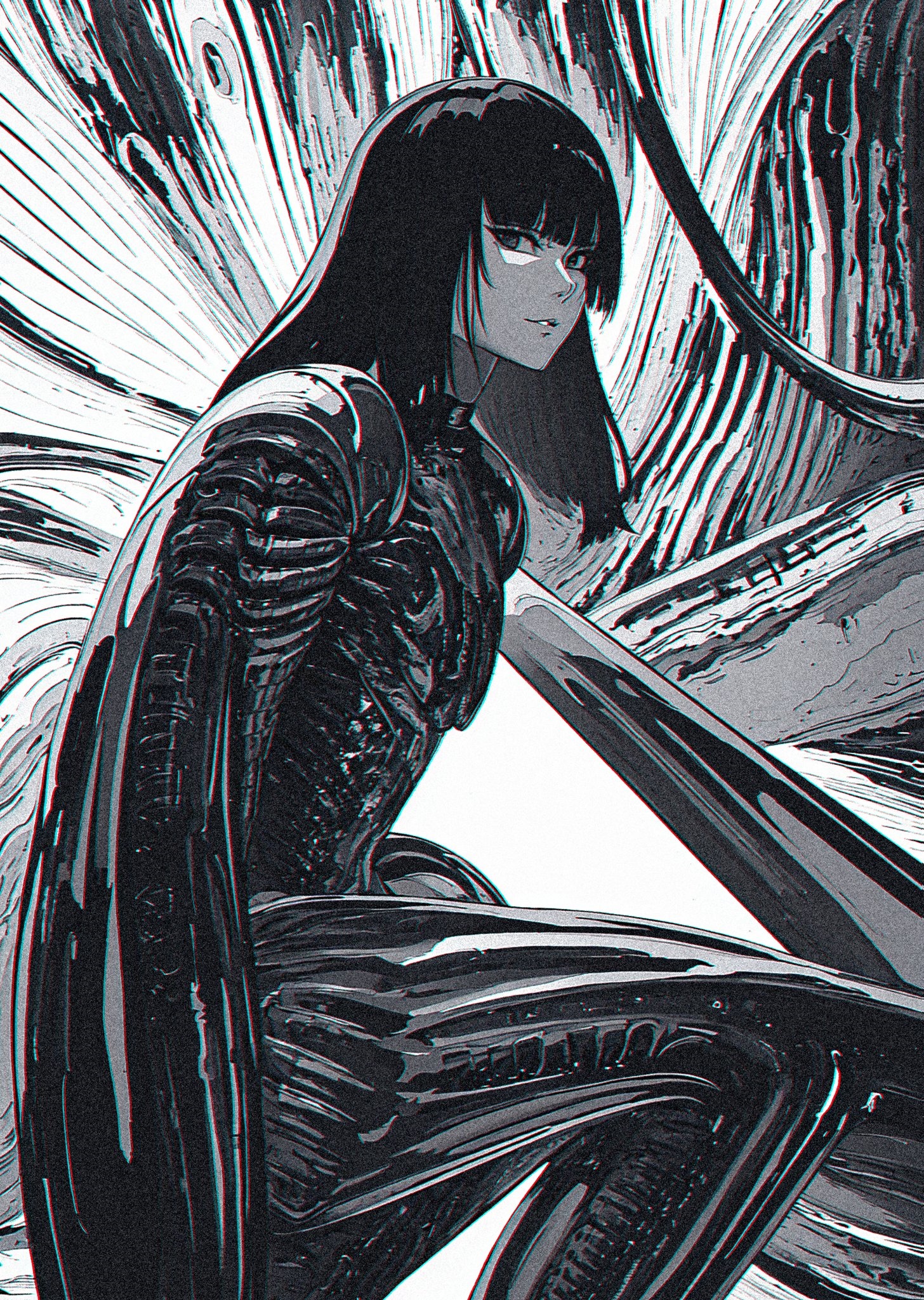 Monochrome artwork of a woman with black hair HD Phone Wallpaper