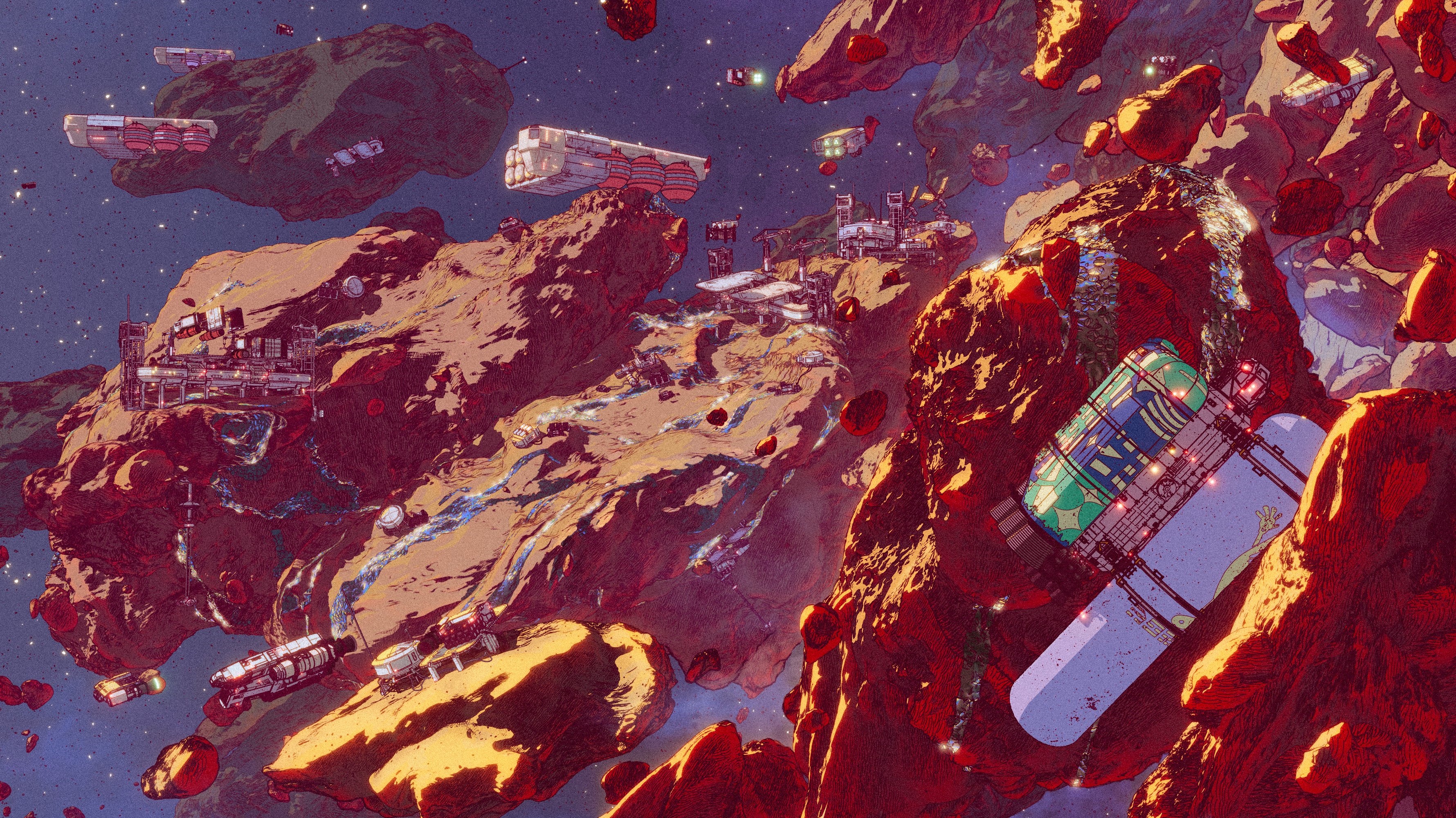 Futuristic space station built on asteroids HD Wallpaper