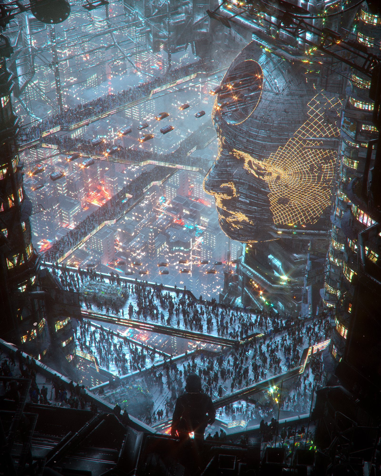 Cyberpunk Cityscape with Giant Face Sculpture by Annibale Siconolfi HD Phone Wallpaper