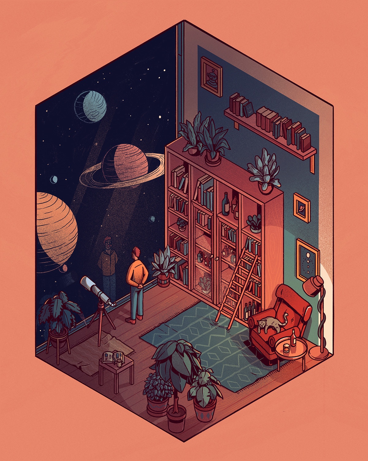 Isometric room with space view and bookshelf HD Phone Wallpaper