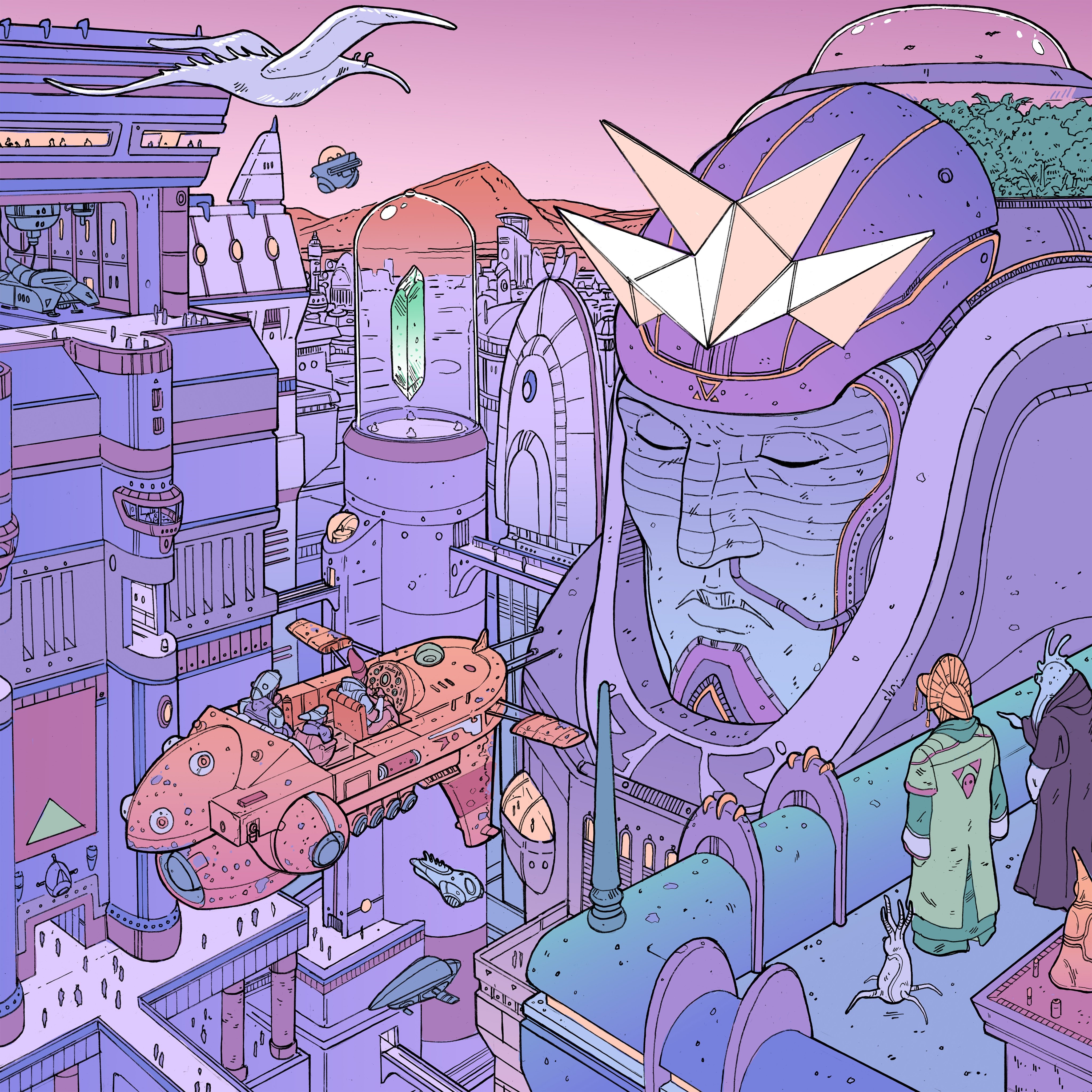 Fantasy City with Giant Alien and Flying Cars HD Wallpaper
