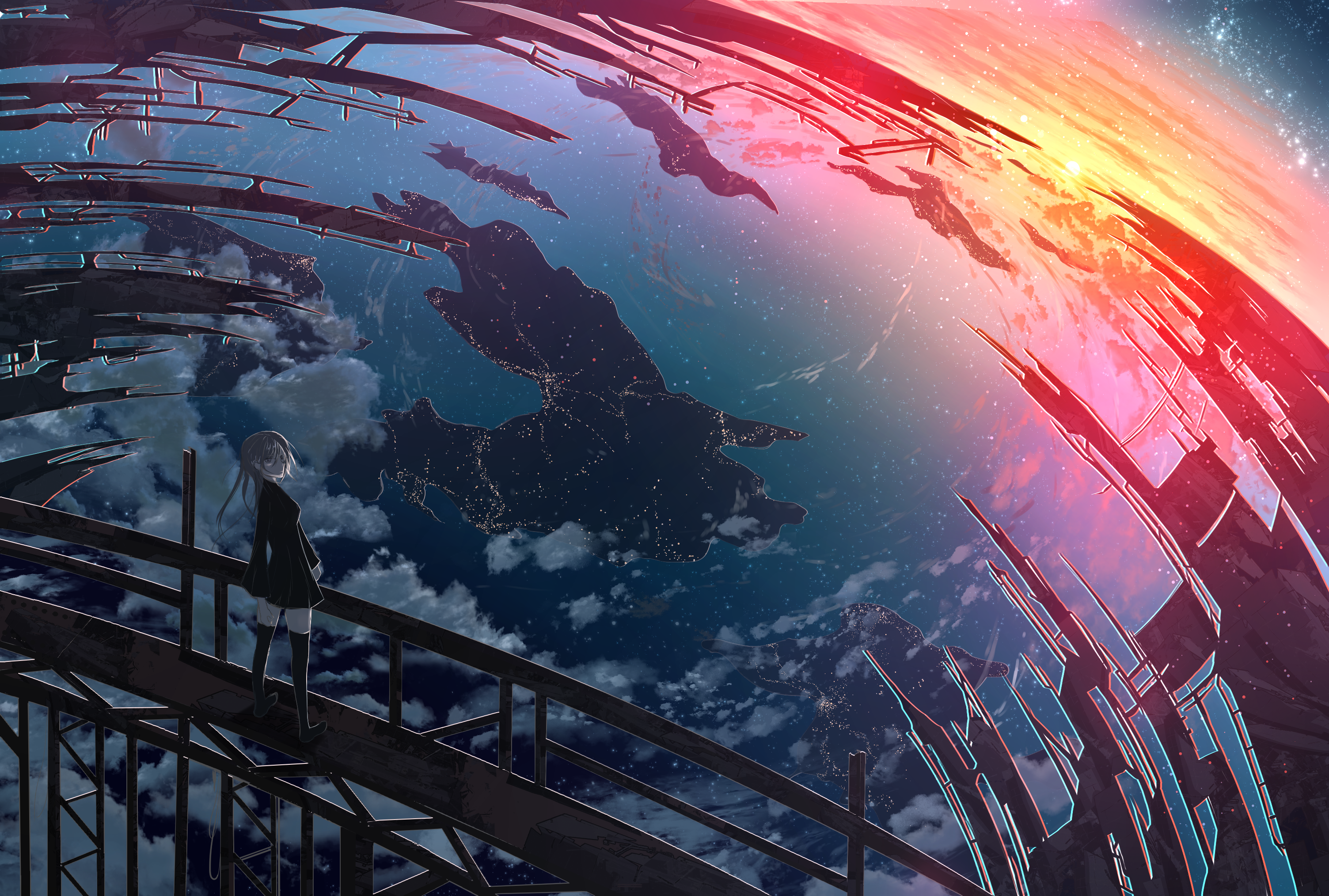 Girl on a platform overlooking a futuristic planet at sunset HD Wallpaper