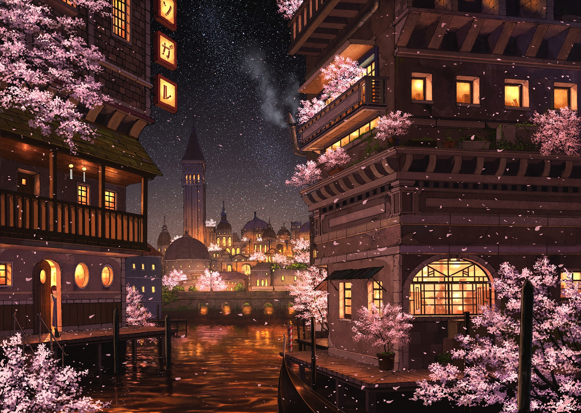 Anime city canal at night with cherry blossoms HD Wallpaper