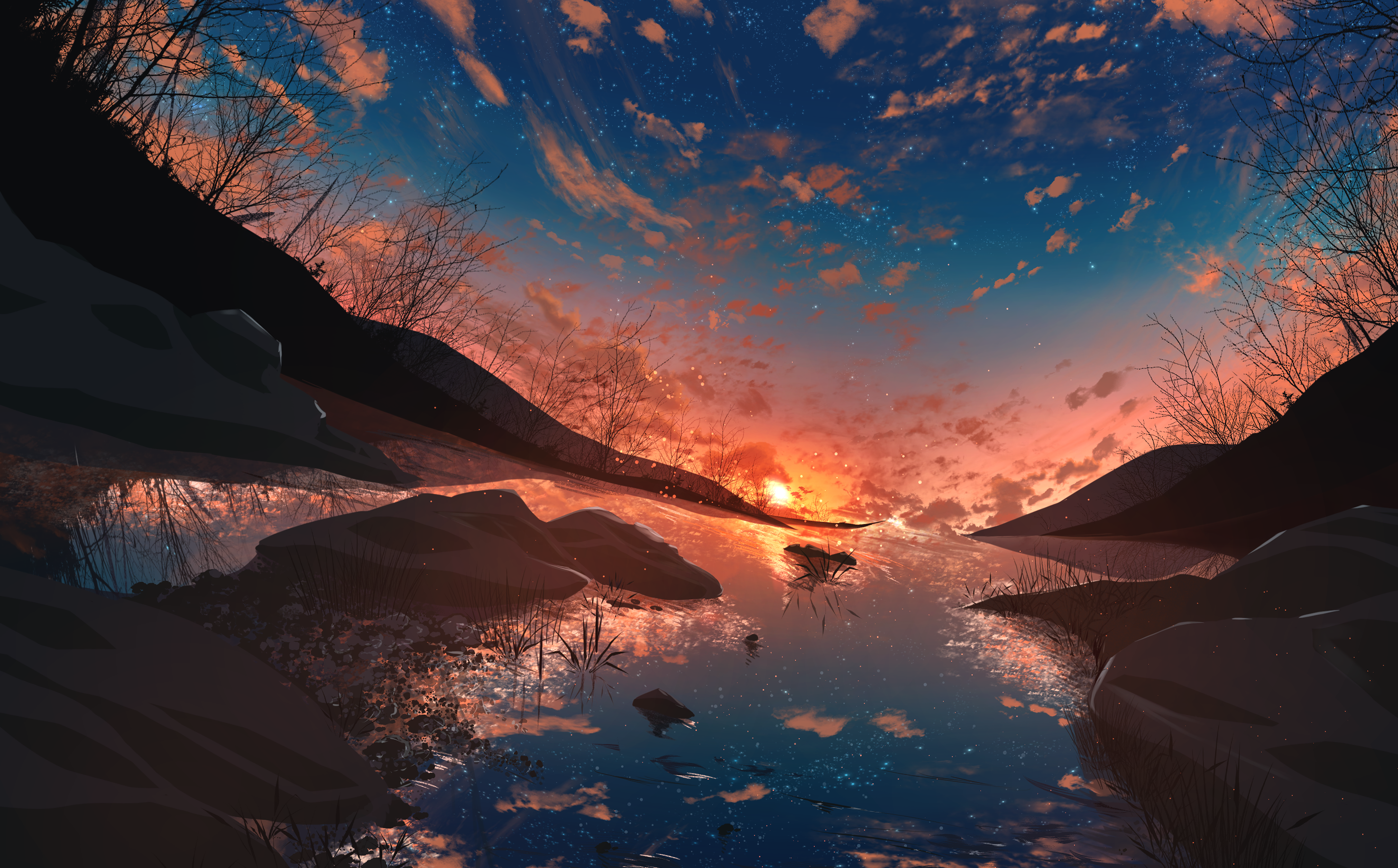 Sunset over a tranquil lake with stars and clouds HD Wallpaper