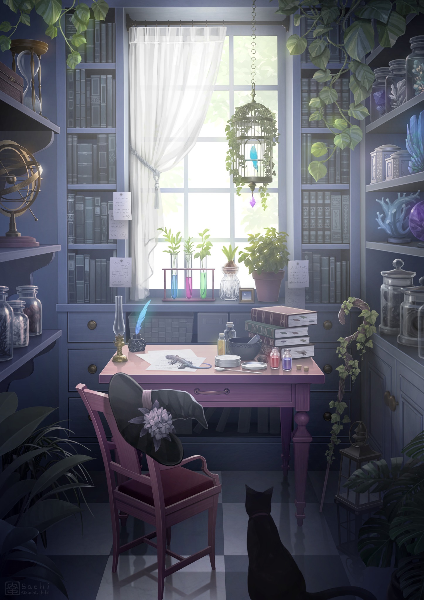 A witch's study with a cat and a bird HD Phone Wallpaper