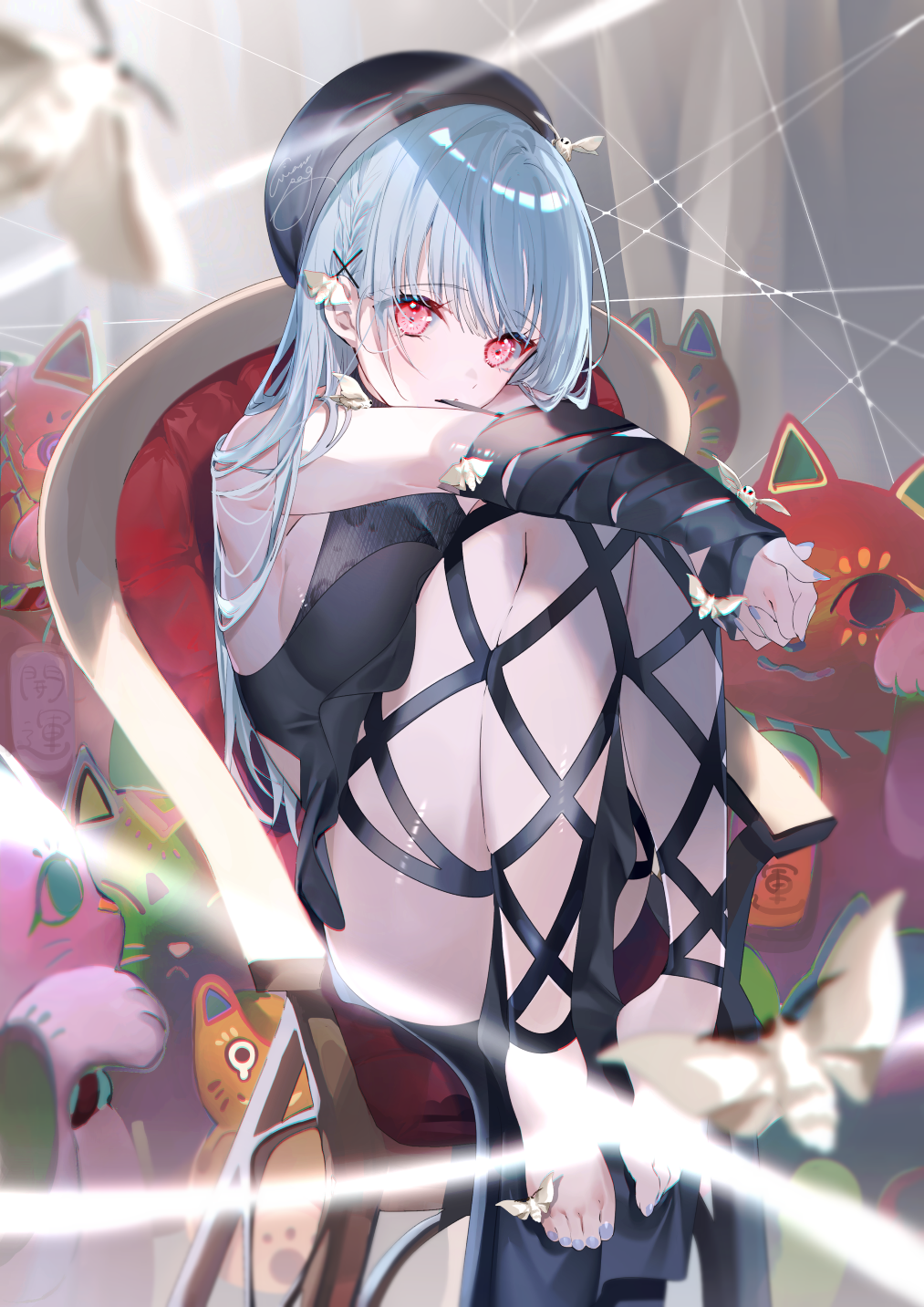 Girl in black outfit with moths and cat figures HD Phone Wallpaper