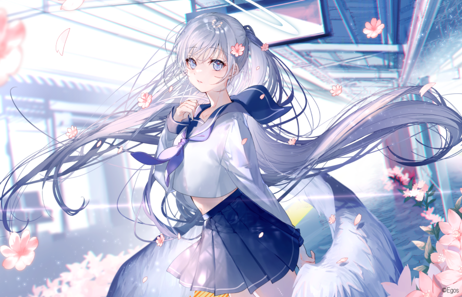 Girl in school uniform with white wings at train station HD Wallpaper