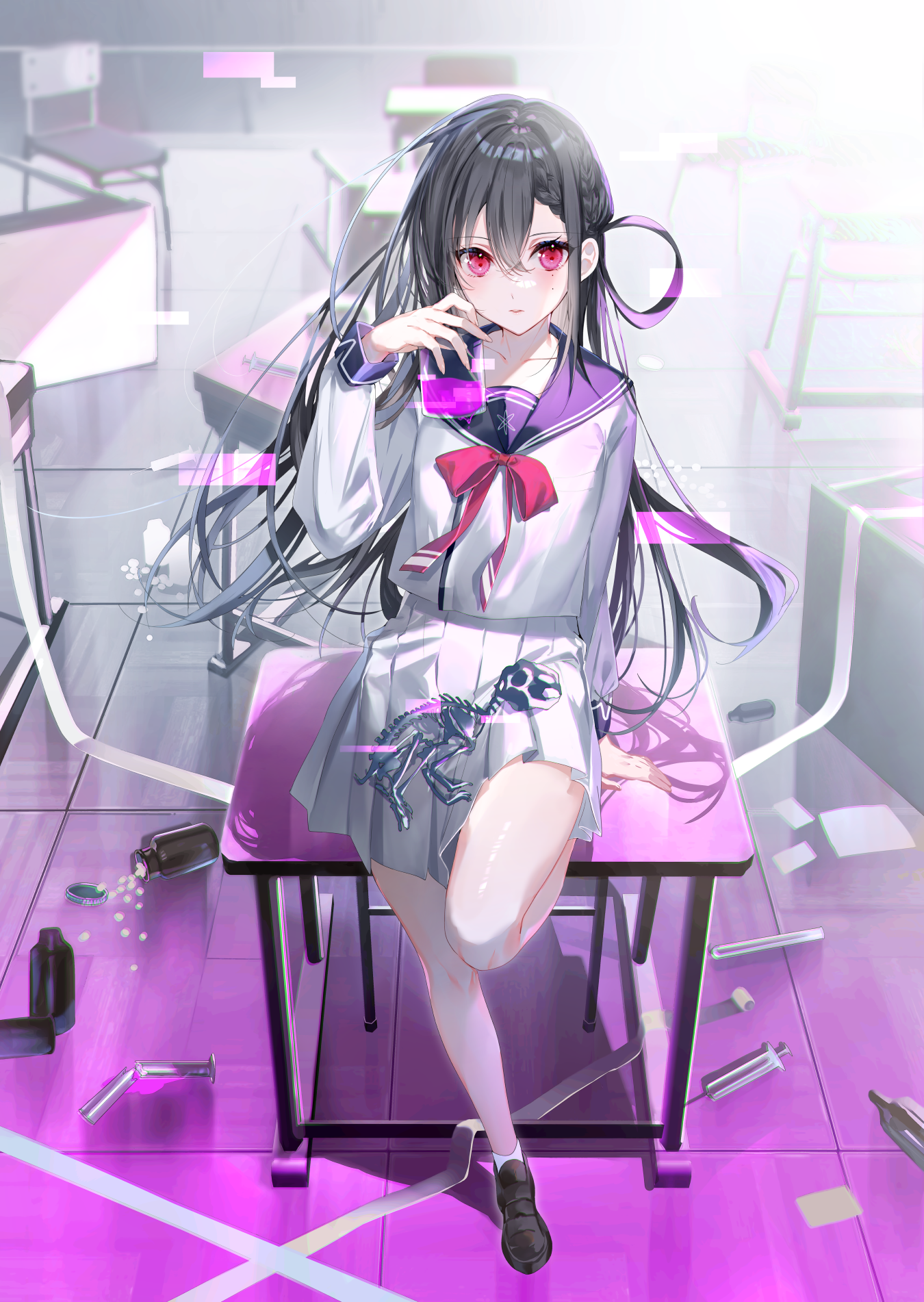 Schoolgirl with skeleton print holding a beaker in a classroom HD Phone Wallpaper