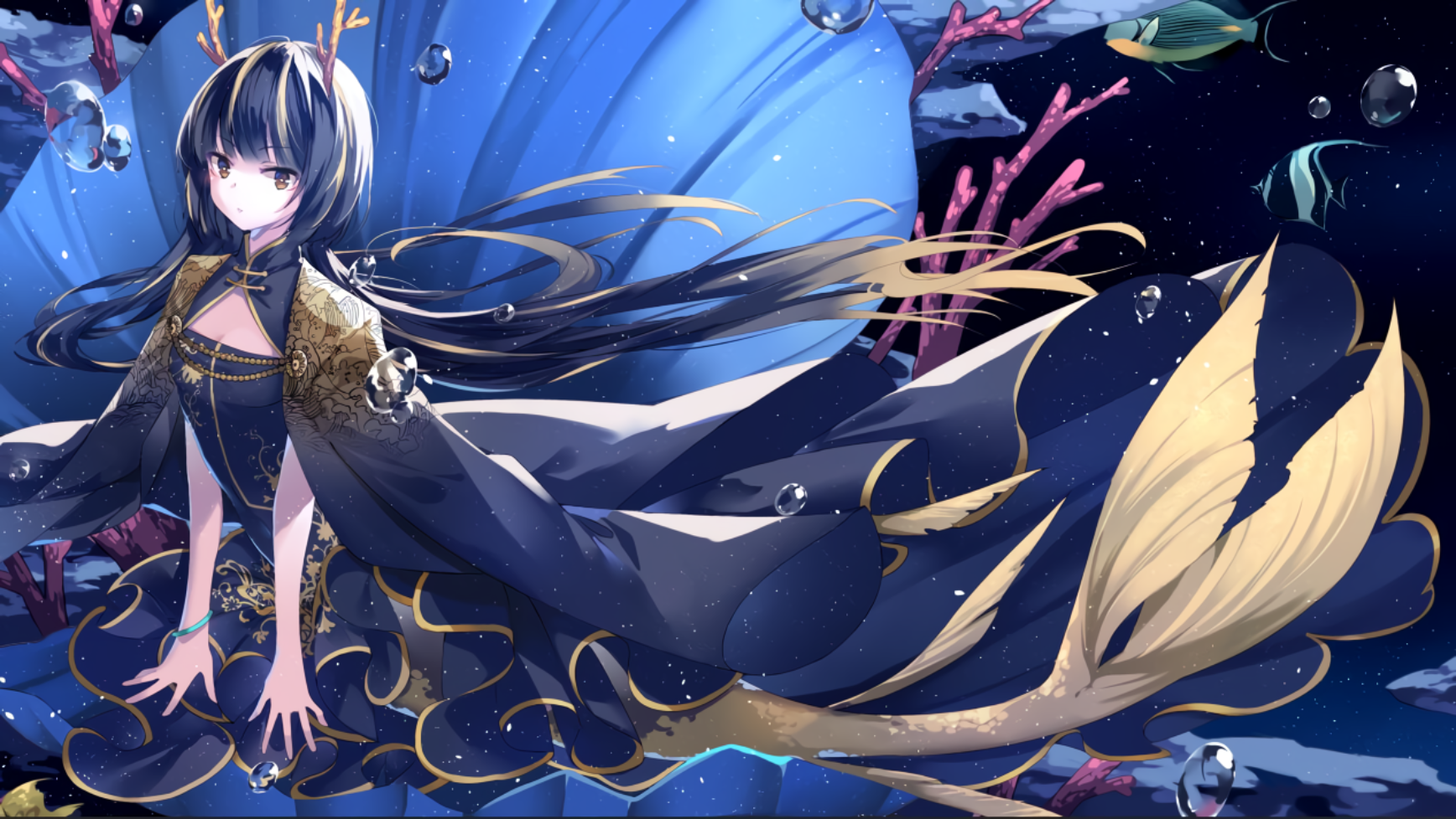 Mermaid with flowing hair and tail underwater HD Wallpaper