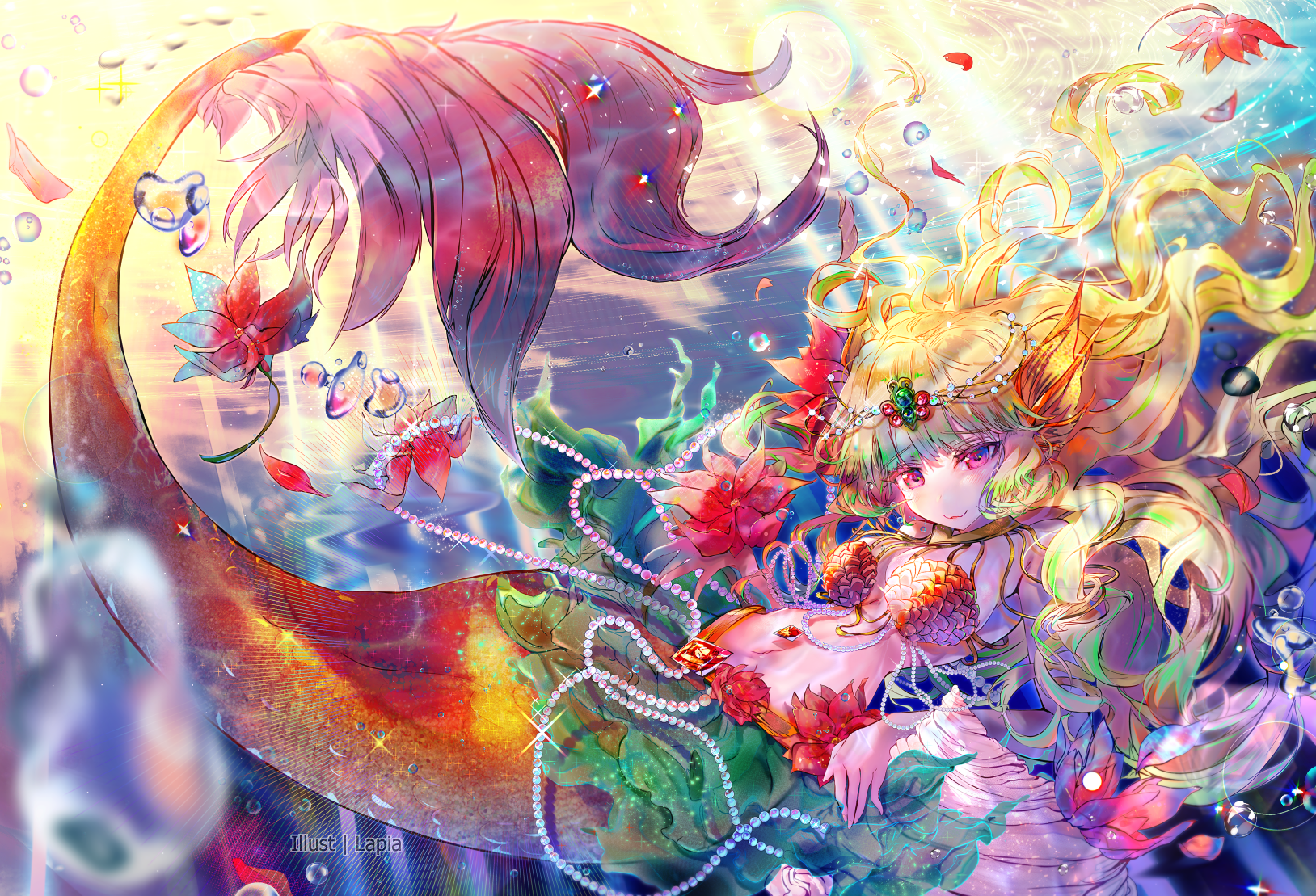 Mermaid with colorful tail and pearl necklace HD Wallpaper