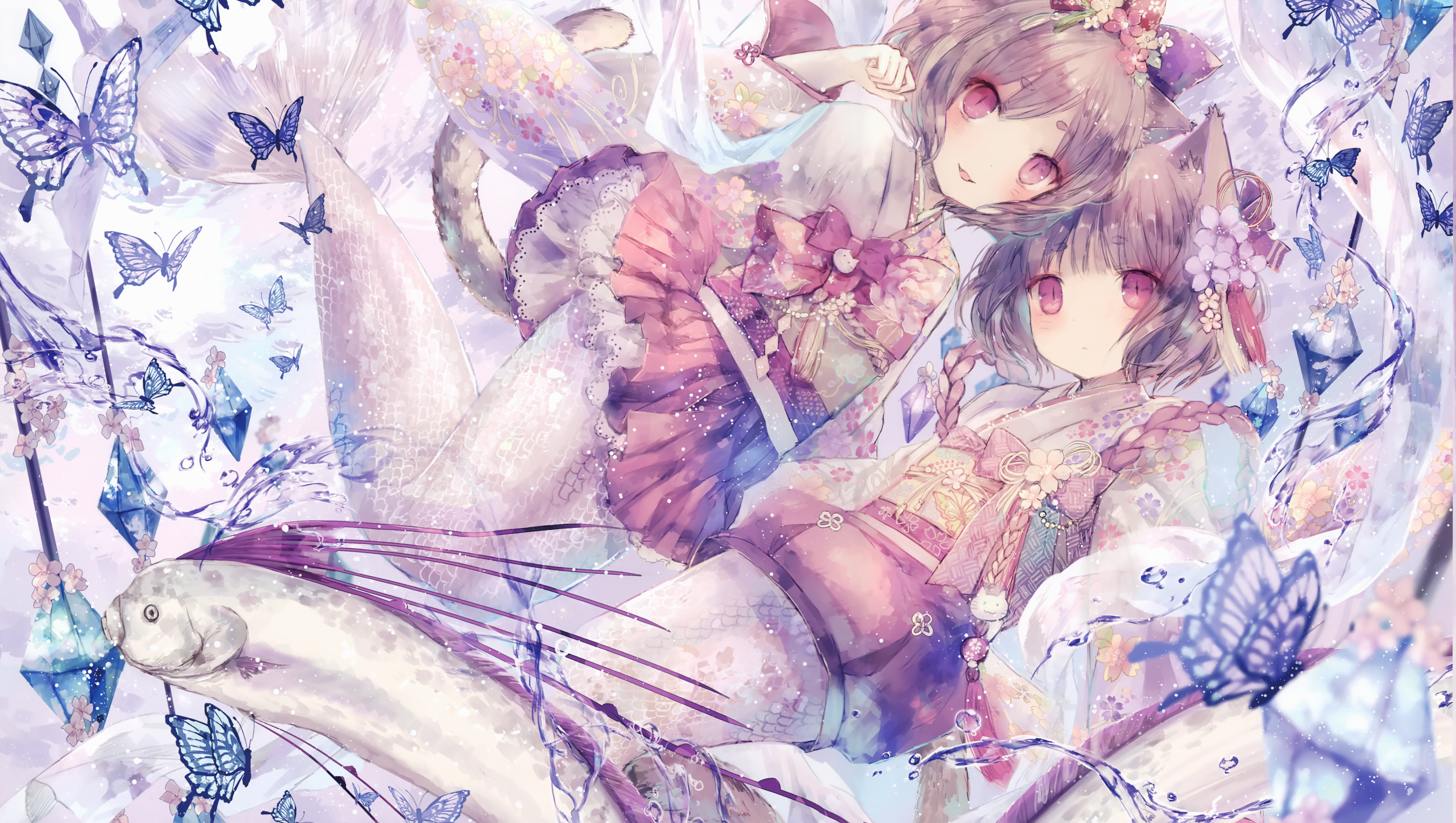 Cat girls in kimonos with butterflies and fish HD Wallpaper