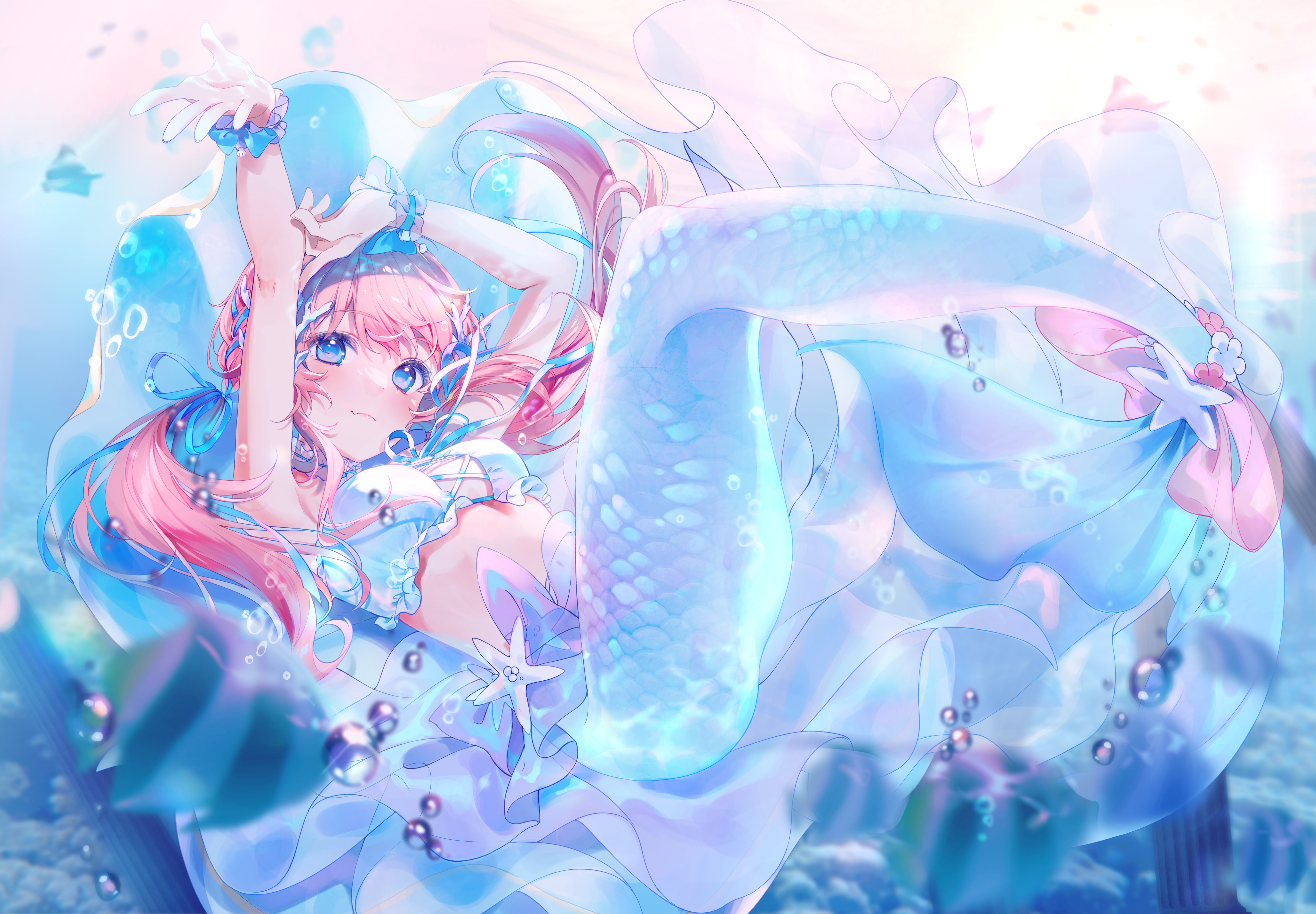 4K underwater mermaid with pink hair and blue tail HD Wallpaper