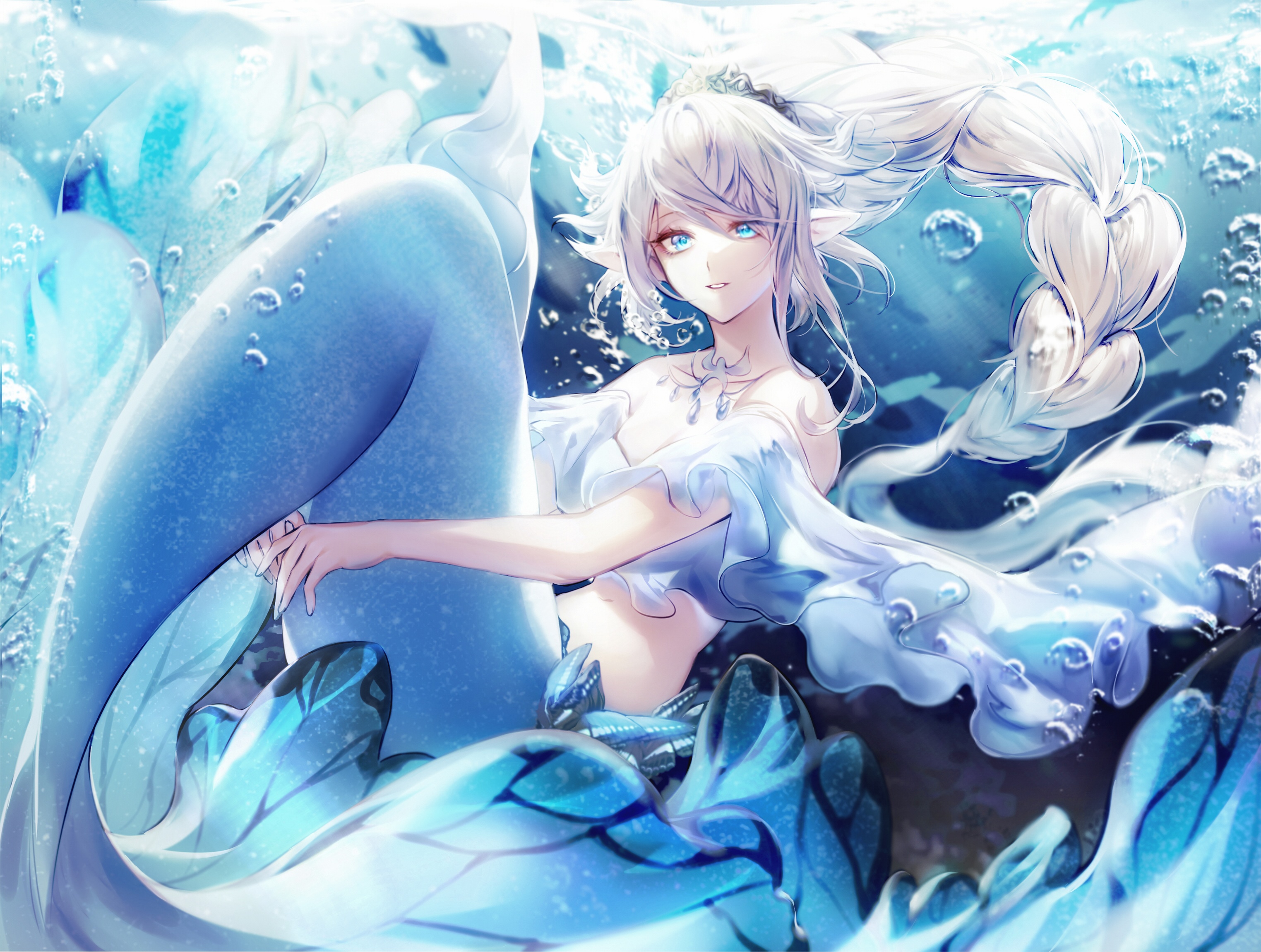 Mermaid with white hair underwater with bubbles HD Wallpaper
