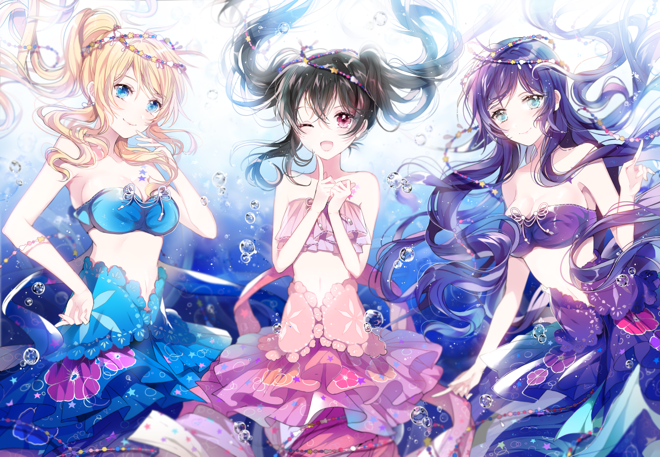 Three Love Live! mermaids underwater with bubbles HD Wallpaper