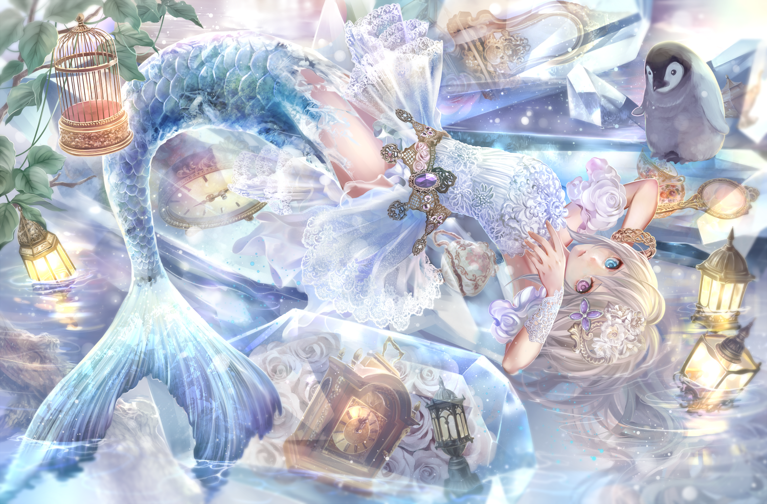 Mermaid with Penguin, Clocks, and Lanterns HD Wallpaper