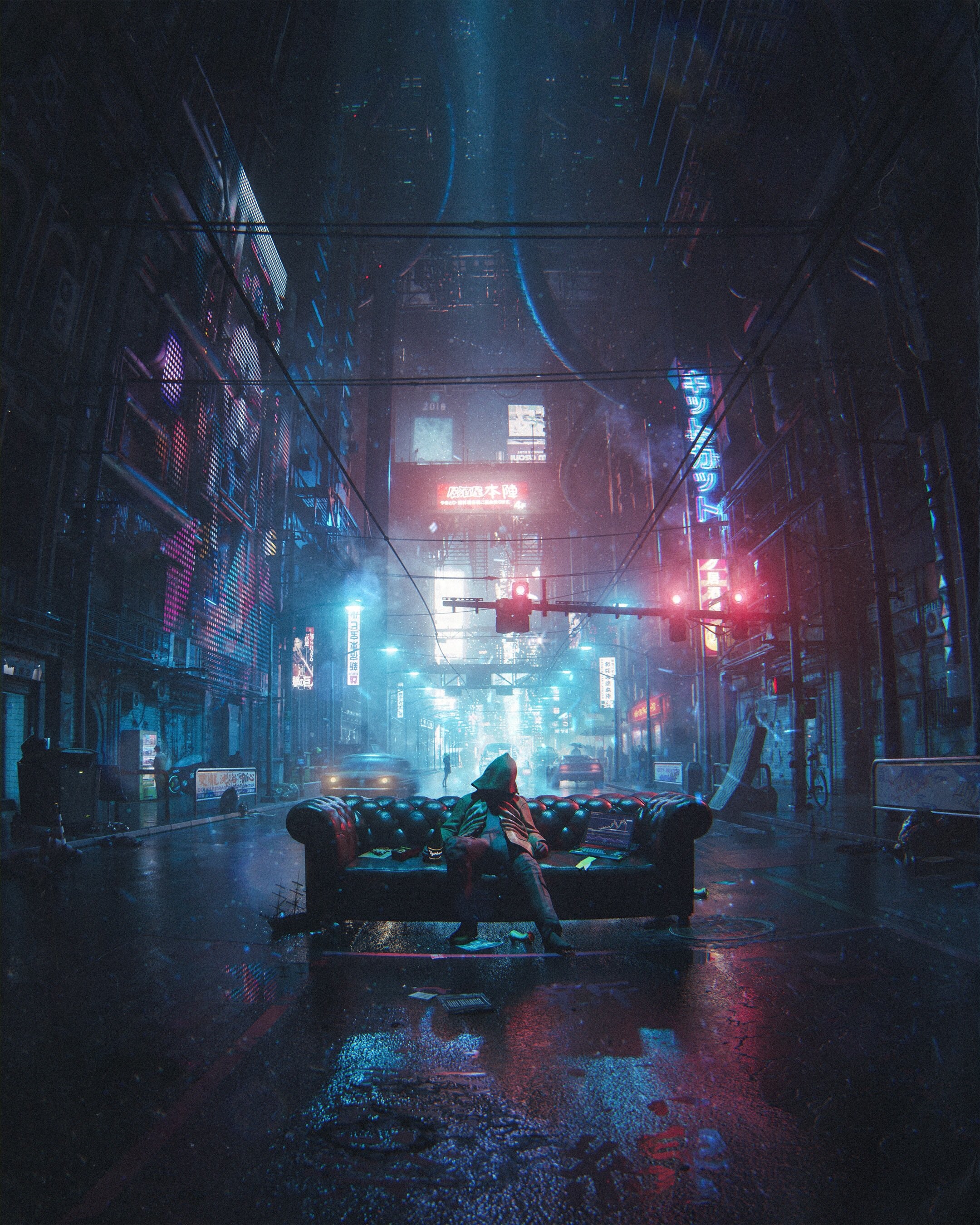 Cyberpunk city street with a person on a couch HD Phone Wallpaper