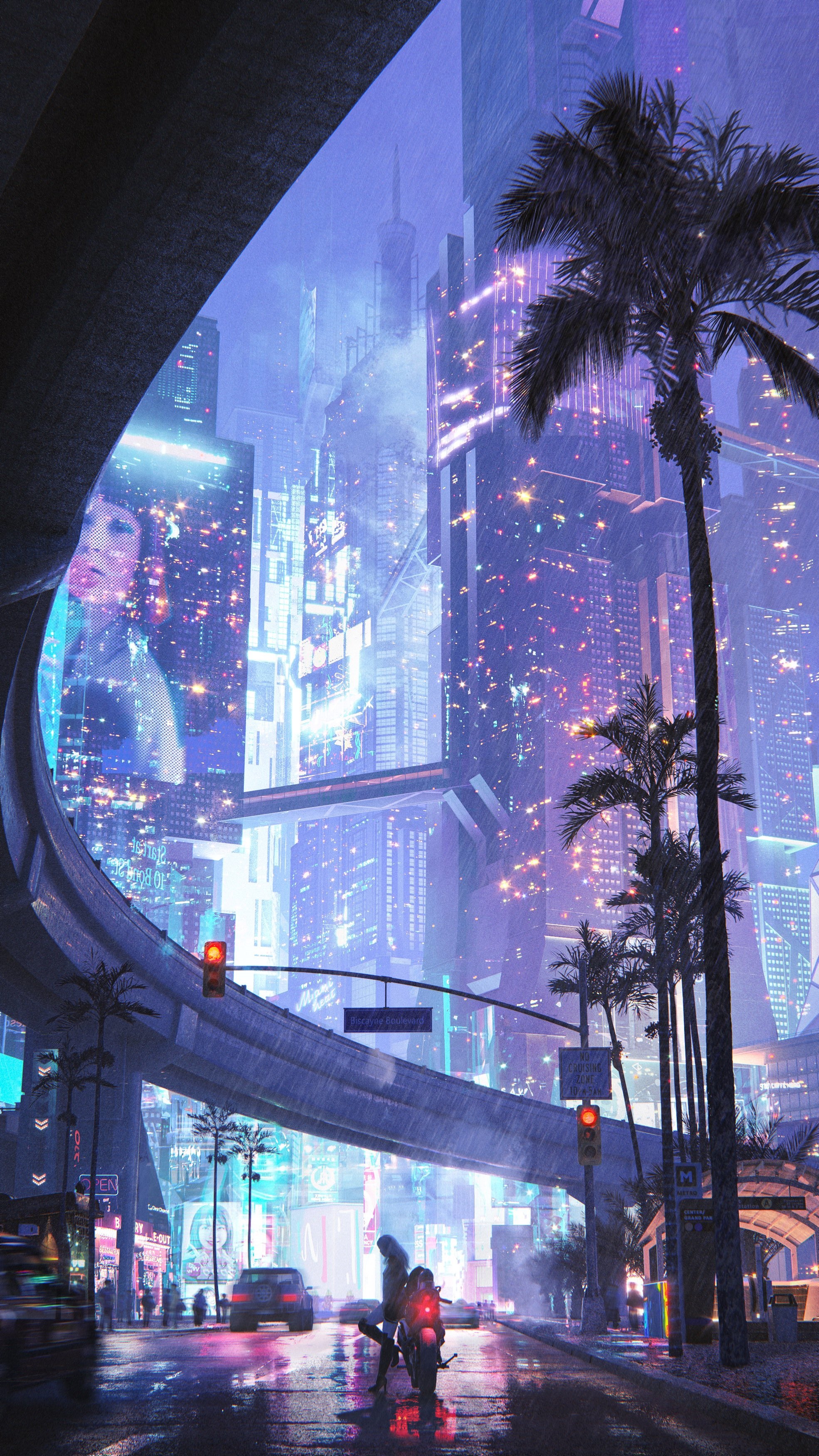 Cyberpunk city street at night with palm trees and neon lights HD Phone Wallpaper