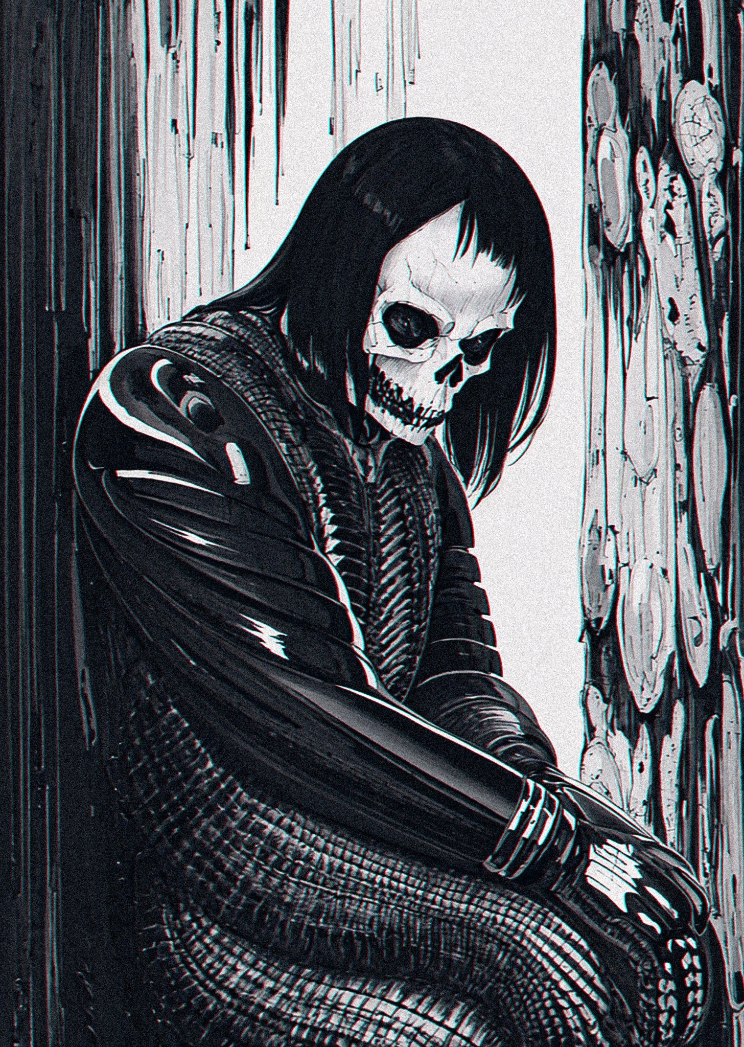 Monochrome anime boy with skull face and long hair HD Phone Wallpaper