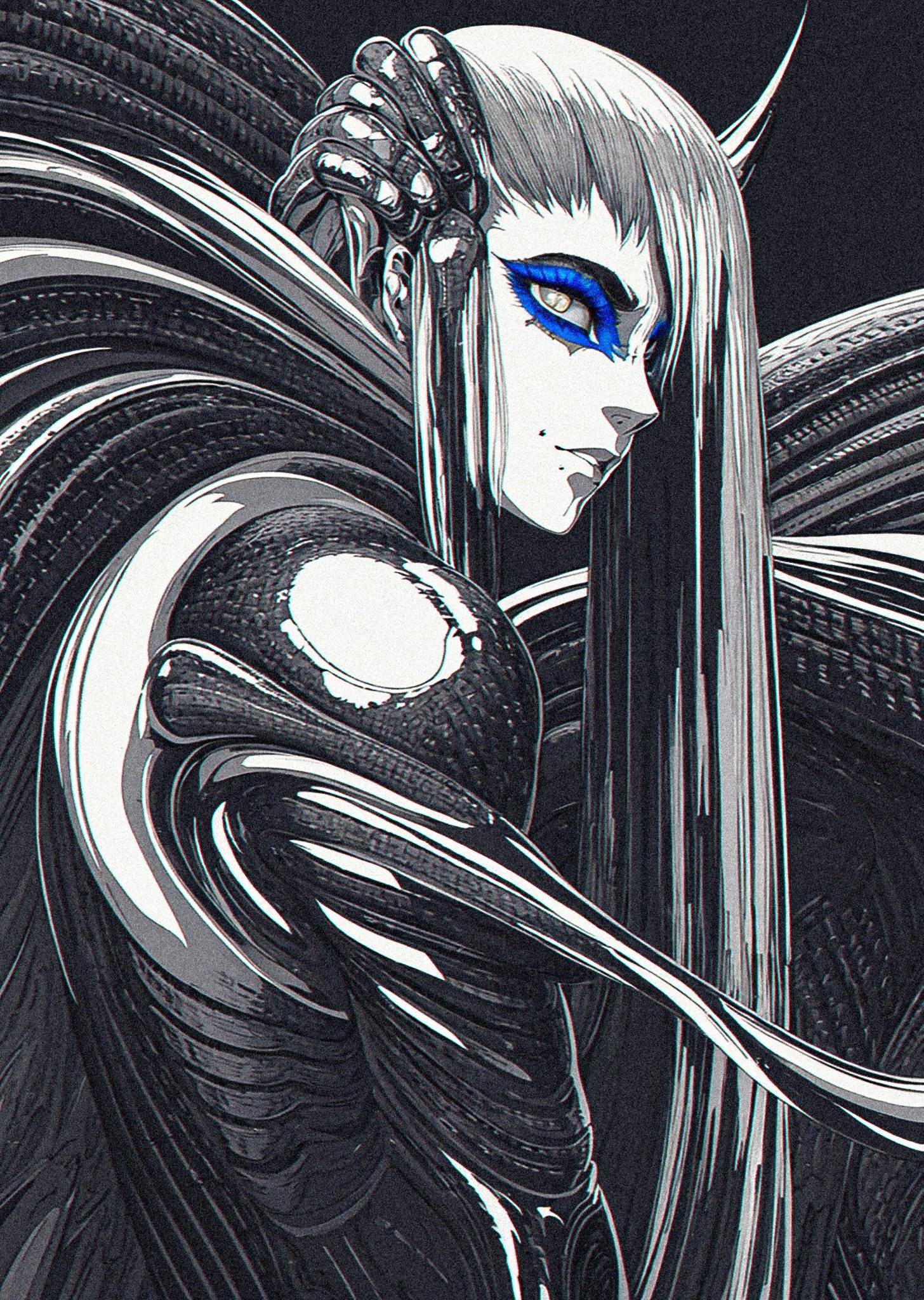 Monochrome anime character with blue eye makeup HD Phone Wallpaper