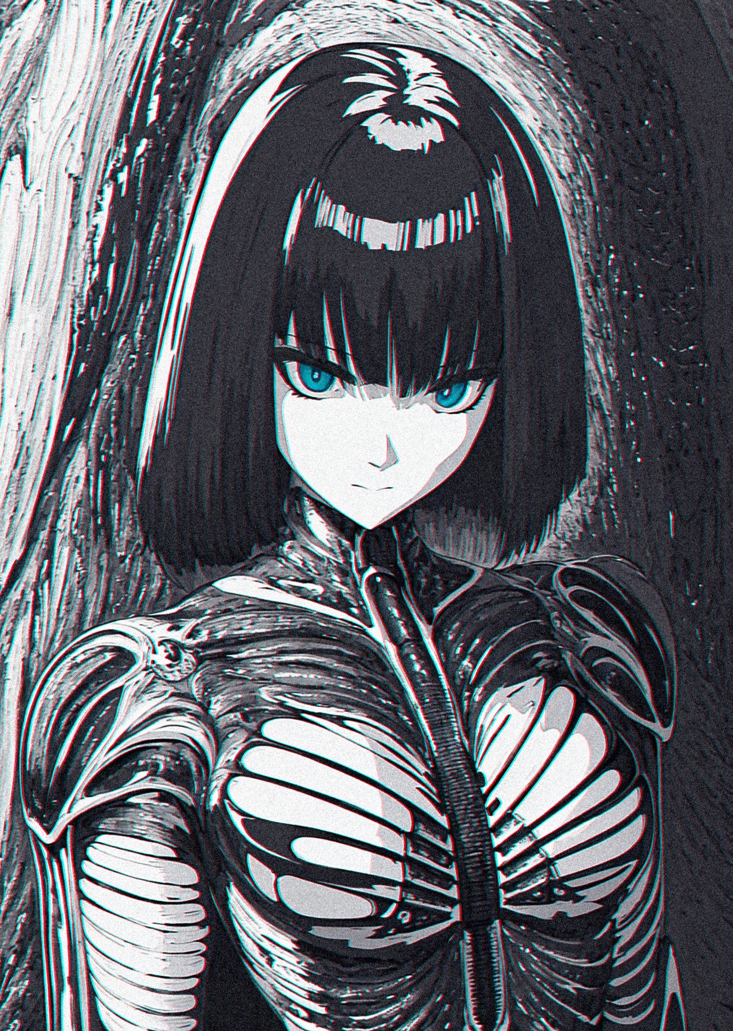 Monochrome anime girl with blue eyes and skeletal suit HD Phone Wallpaper