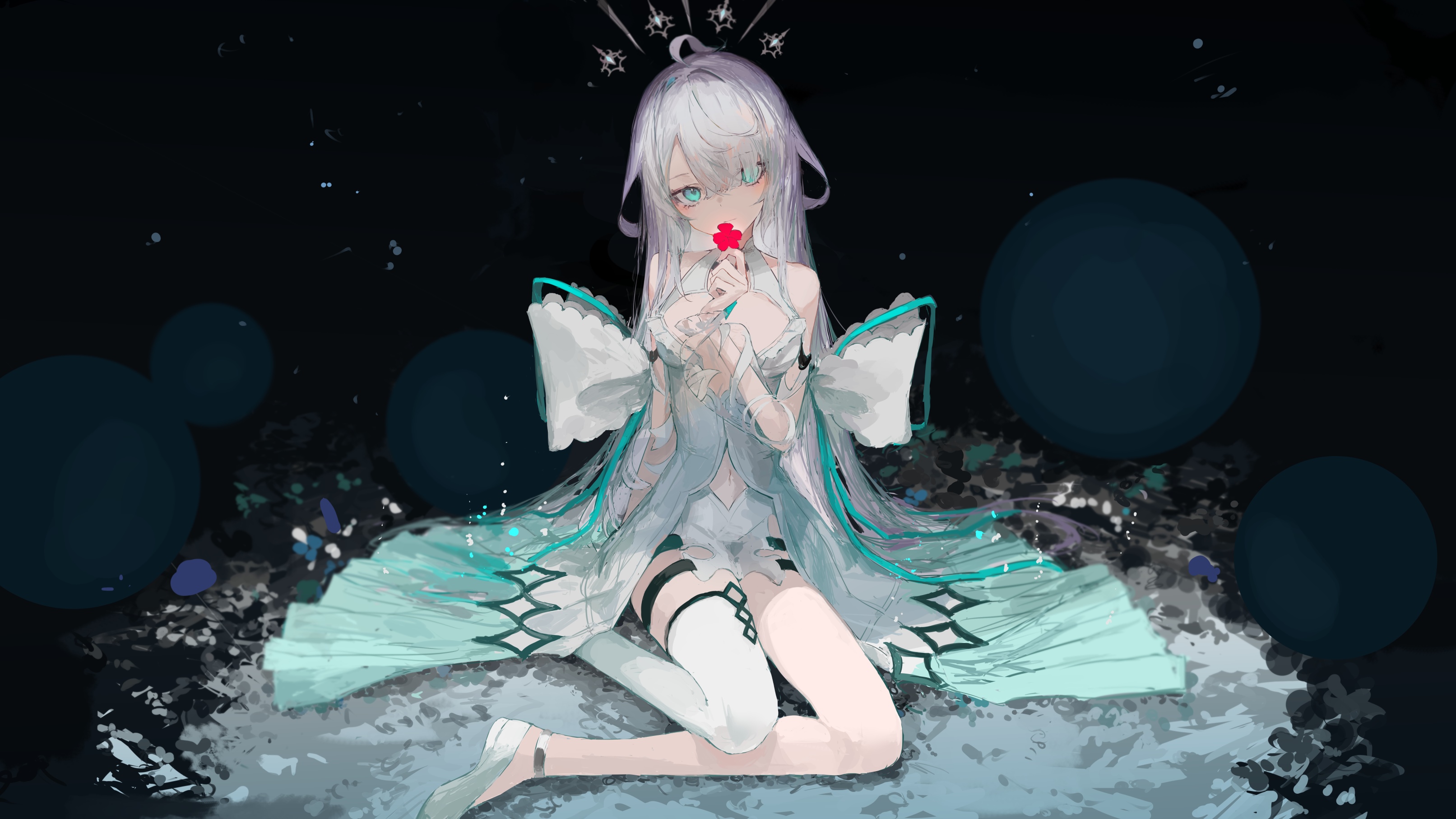 Anime girl with white hair holding a flower HD Wallpaper