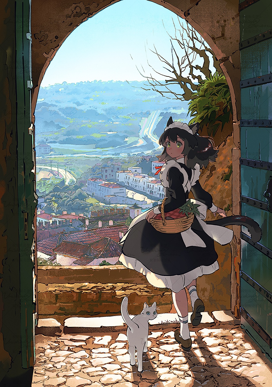Cat girl maid with basket and cat overlooking town HD Phone Wallpaper