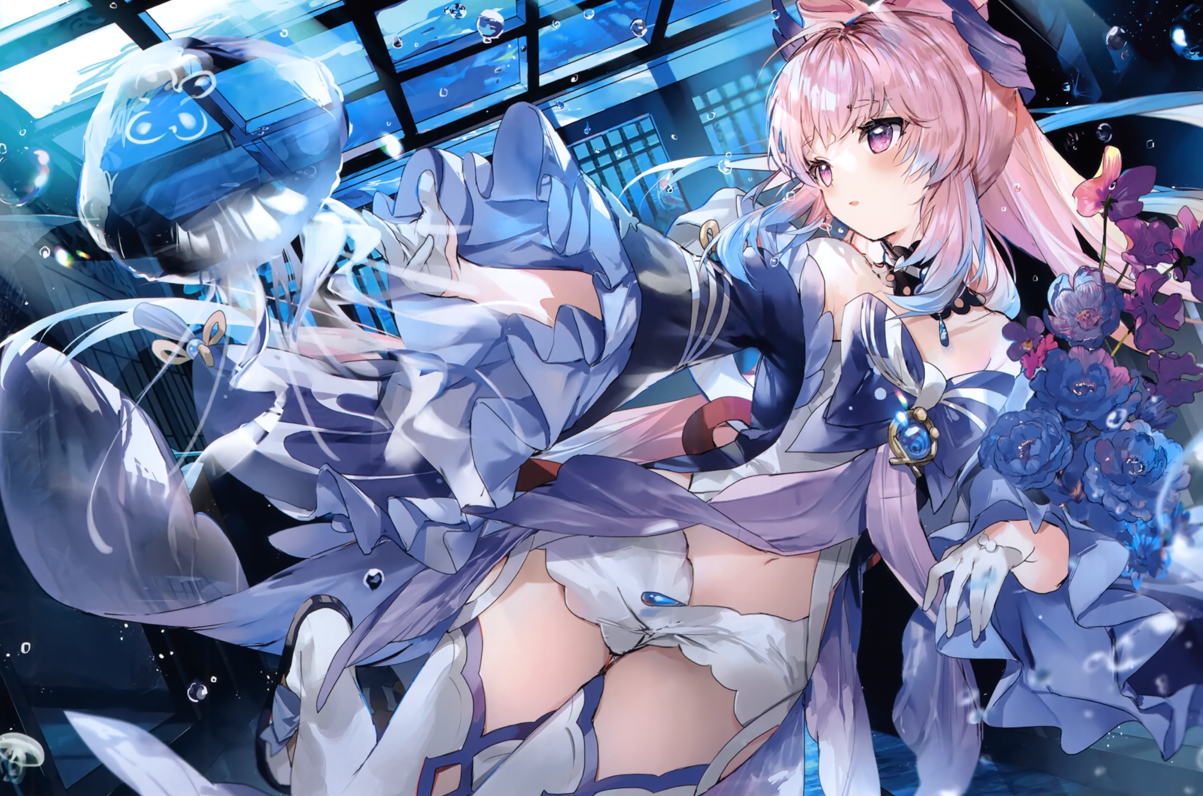 Sangonomiya Kokomi from Genshin Impact underwater with jellyfish HD Wallpaper