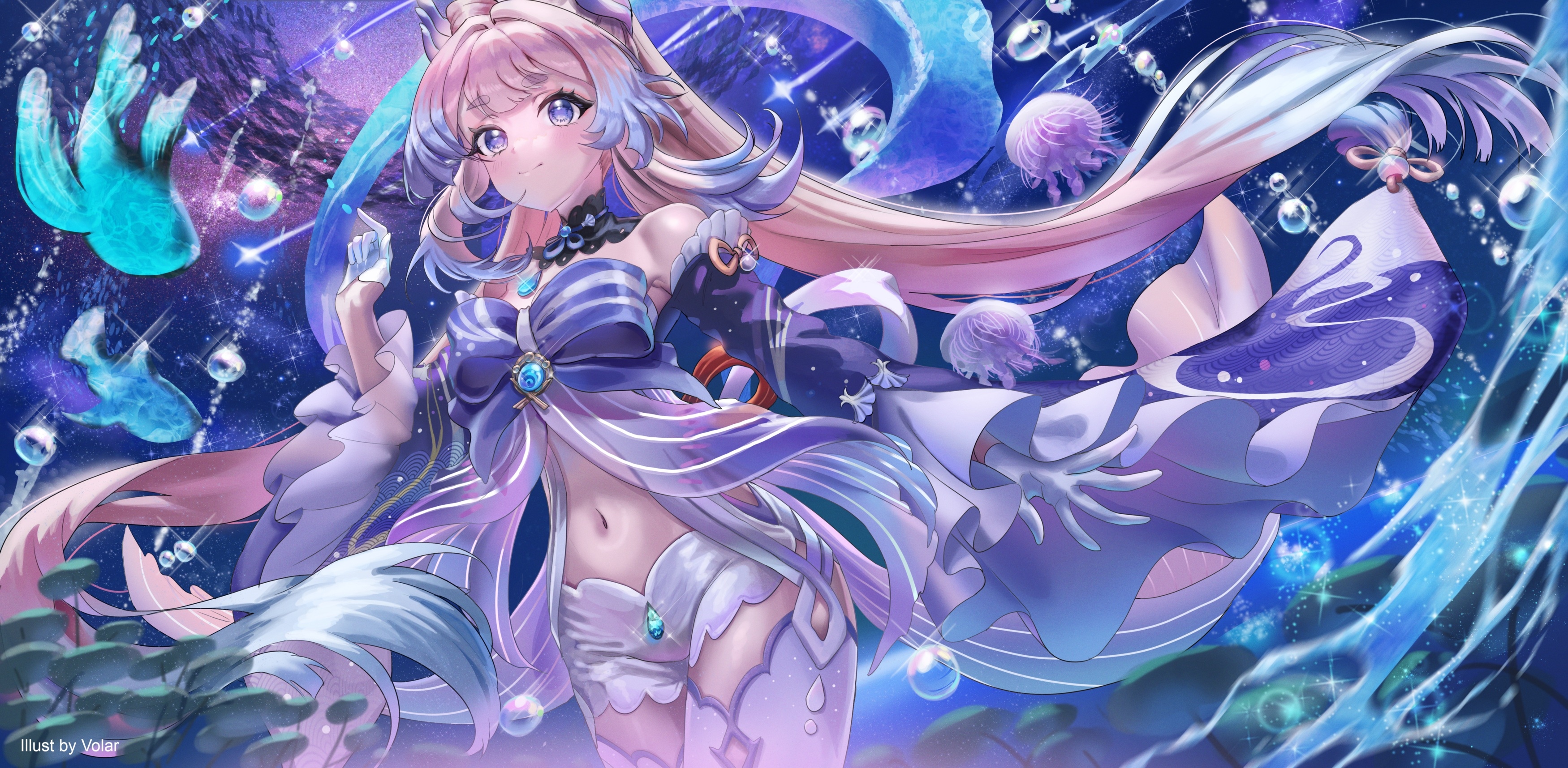 Sangonomiya Kokomi in a magical underwater scene HD Wallpaper