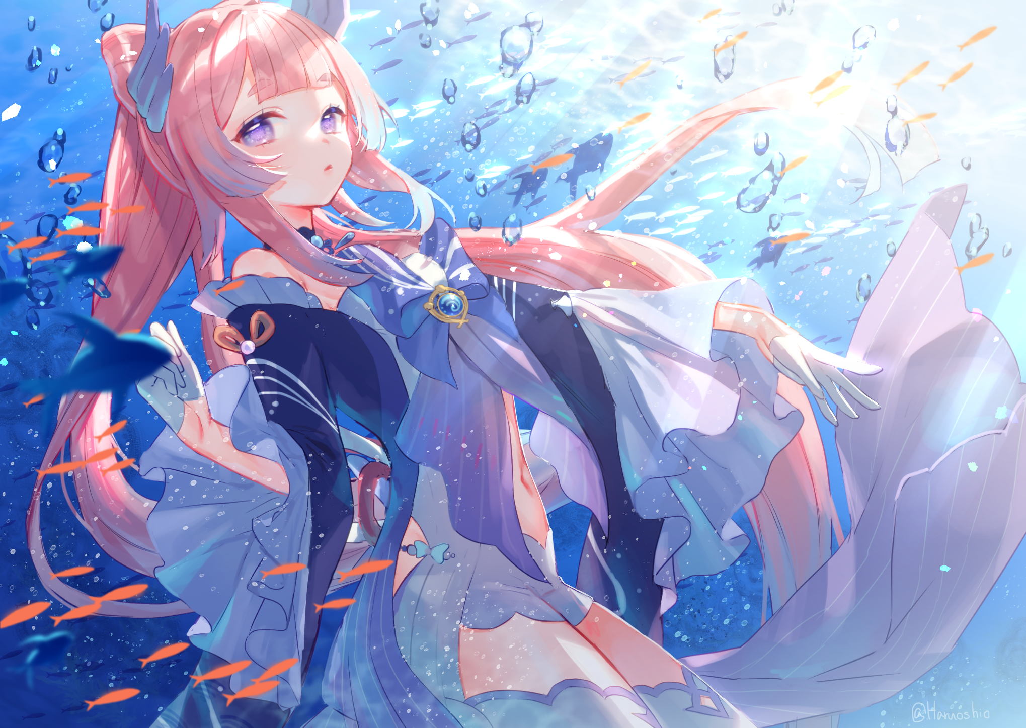Sangonomiya Kokomi underwater with fish and sunlight HD Wallpaper