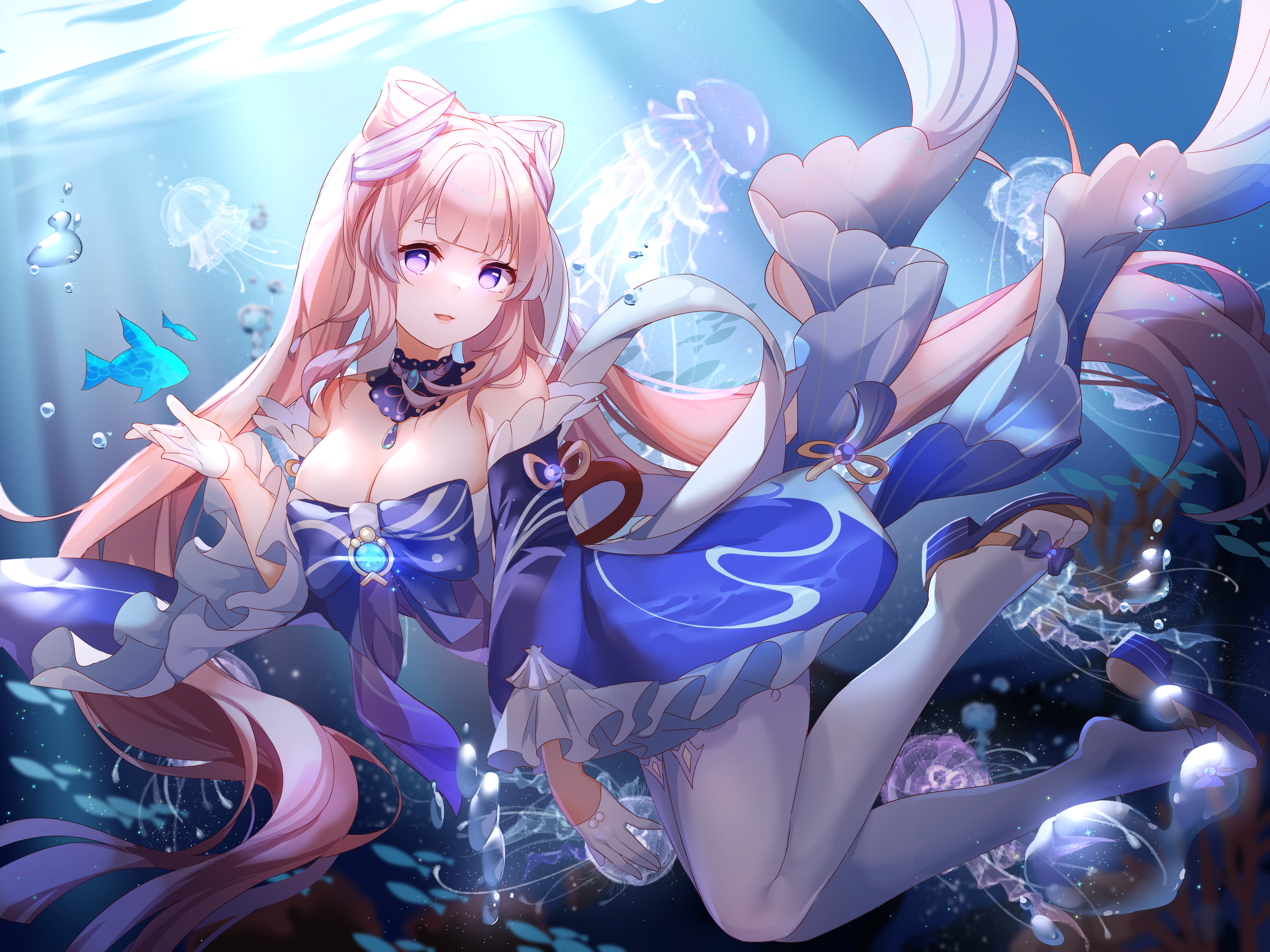 4K underwater scene with Sangonomiya Kokomi and jellyfish HD Wallpaper