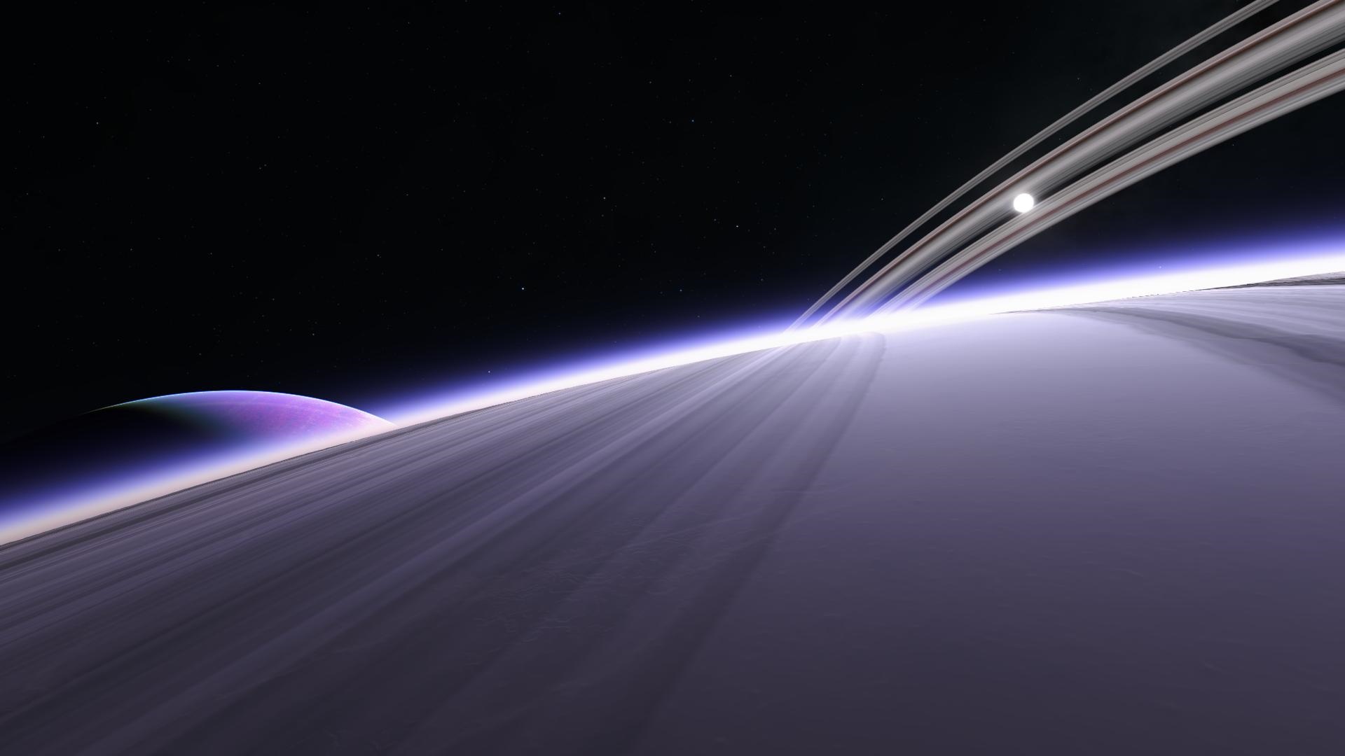 Planet with rings and a moon in space HD Wallpaper