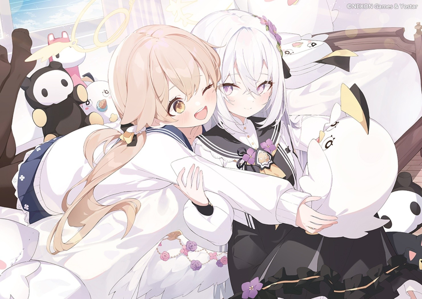 Two schoolgirls hugging on a bed with plush toys HD Wallpaper