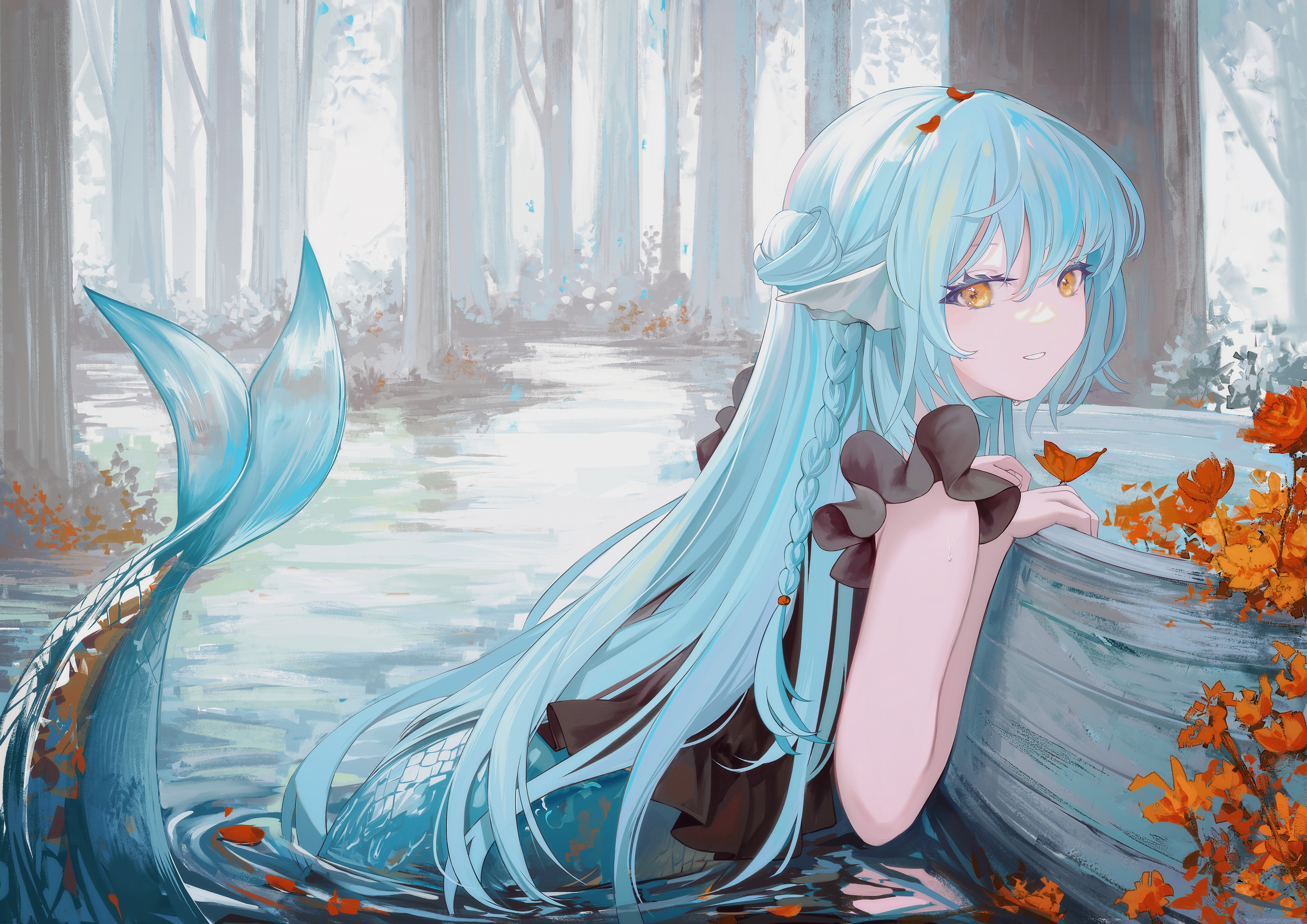 4K Mermaid with Blue Hair in Water HD Wallpaper