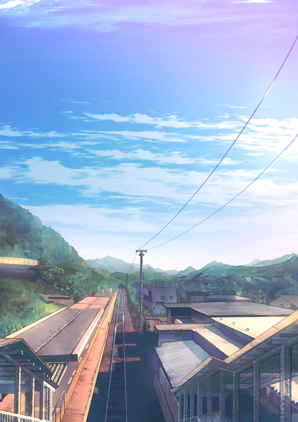 Anime train station with mountains and blue sky HD Phone Wallpaper