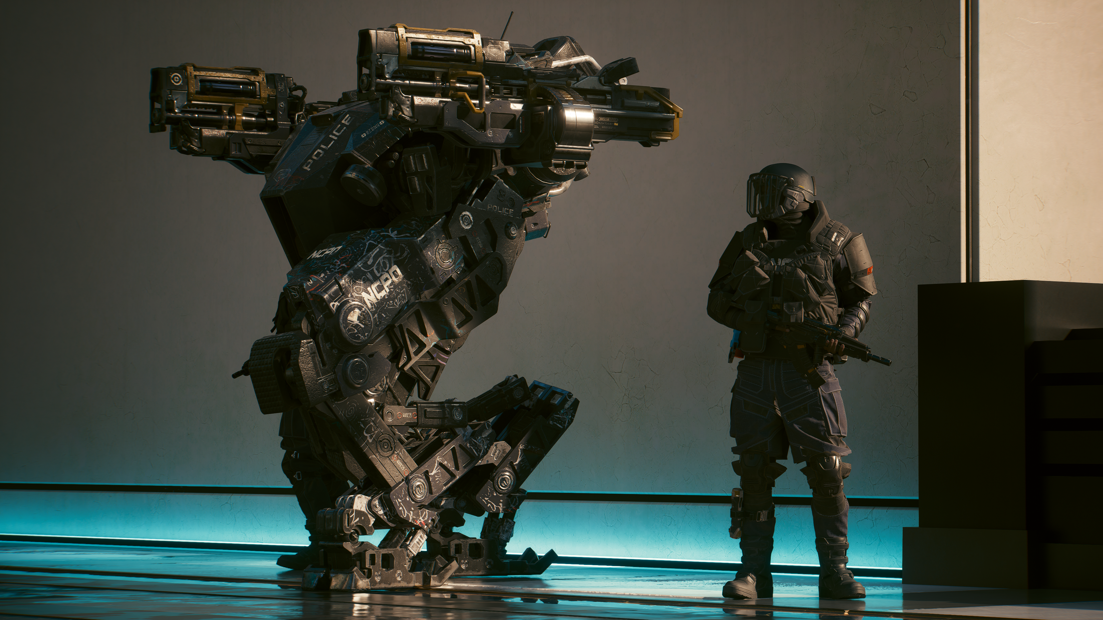 Cyberpunk 2077 robot and police officer HD Wallpaper