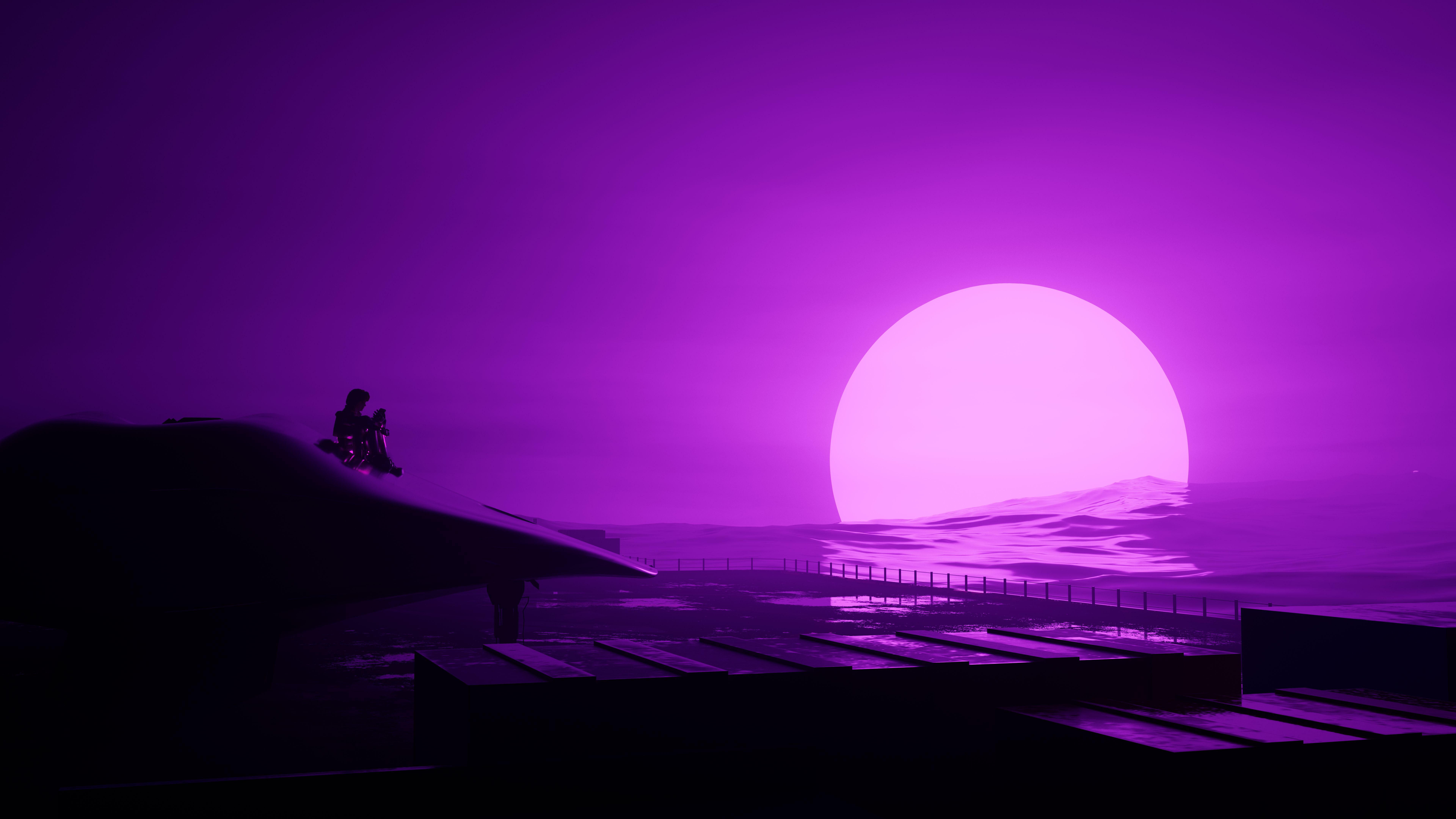 Futuristic Spacesuit Figure on a Dock at Sunset HD Wallpaper