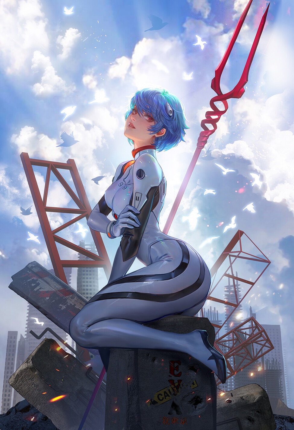 Ayanami Rei with Spear of Longinus in ruins HD Phone Wallpaper