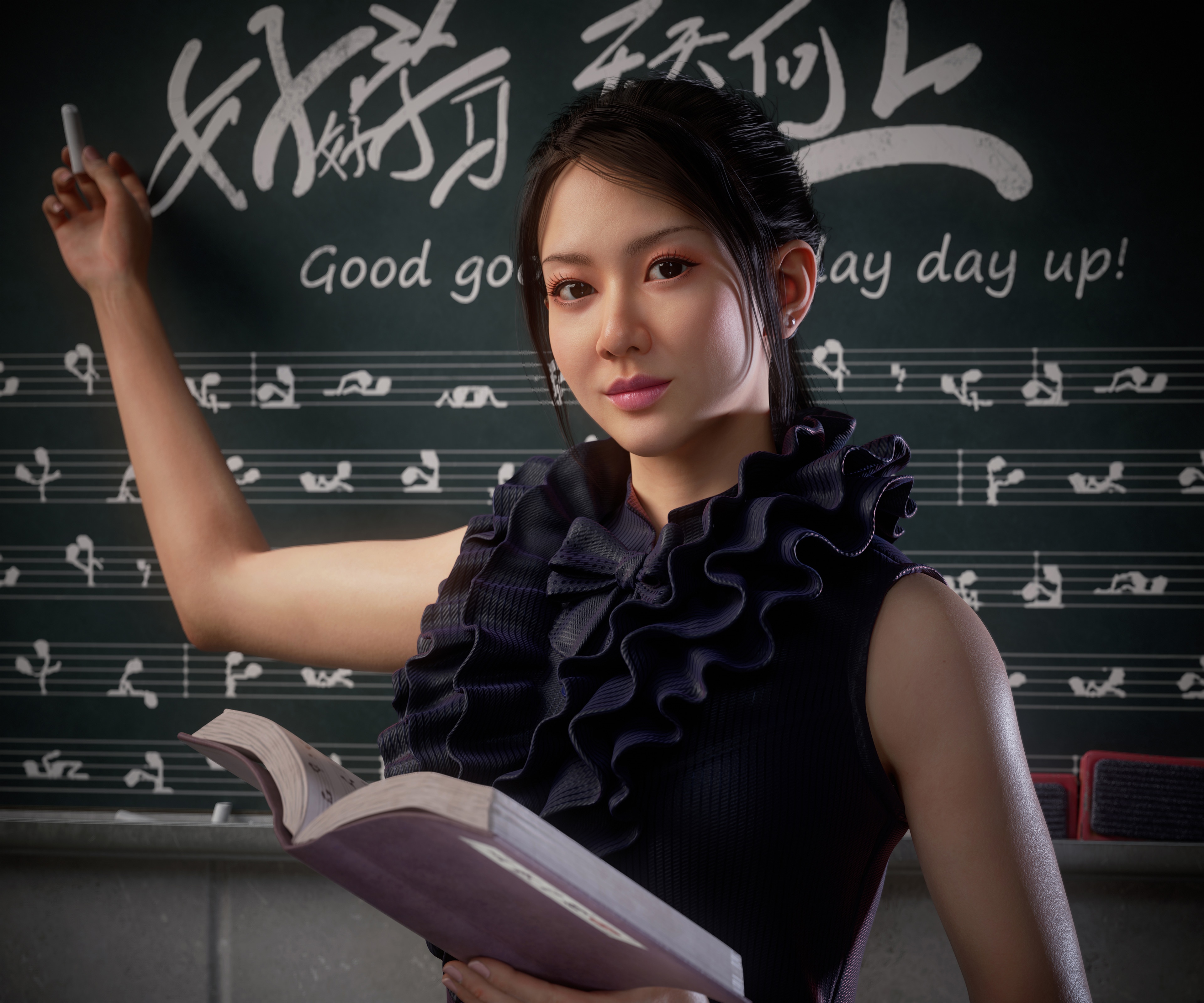 4K Asian Teacher Writing on Chalkboard HD Wallpaper