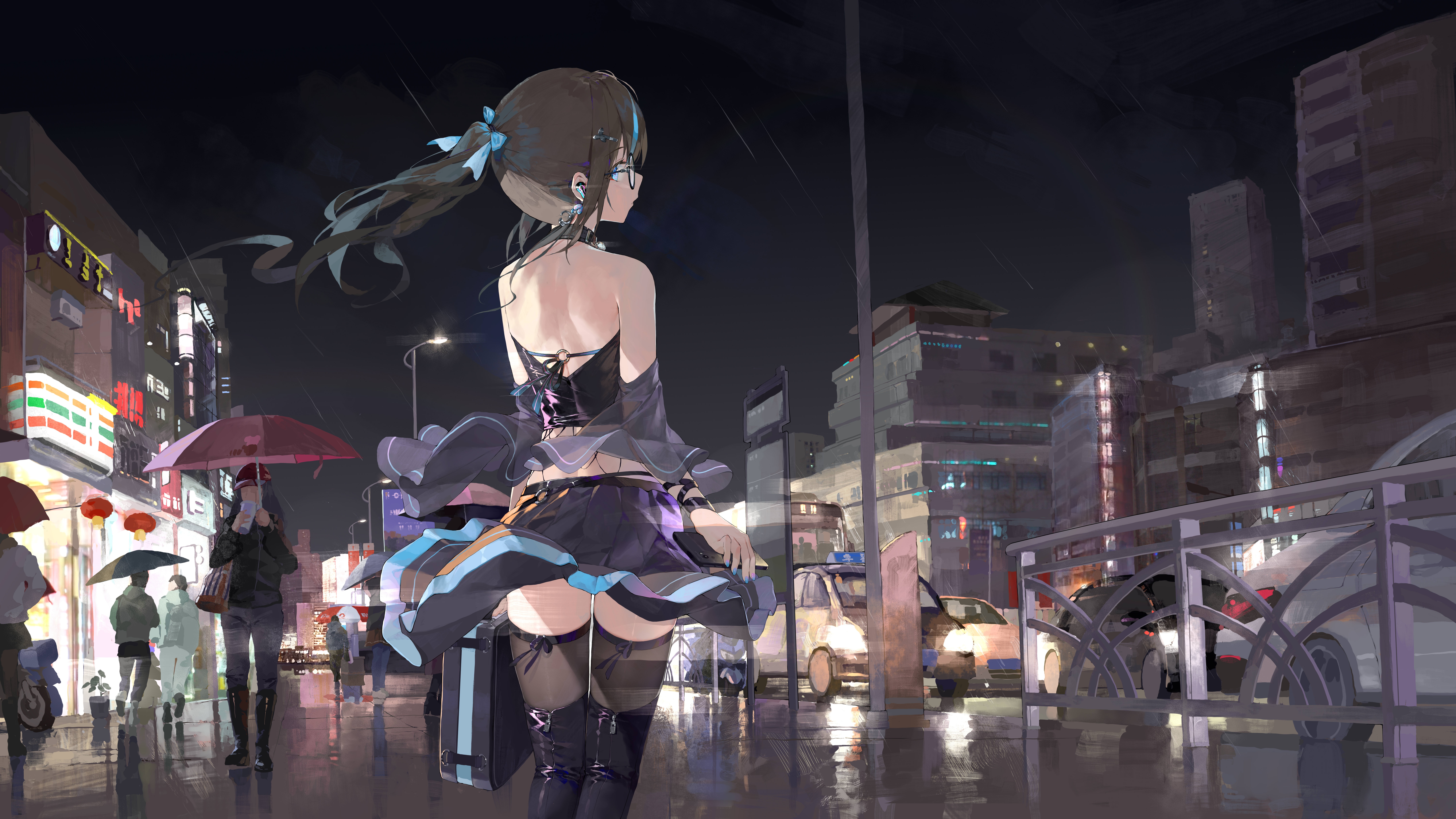 Girl with ponytail in the rain on a city street HD Wallpaper