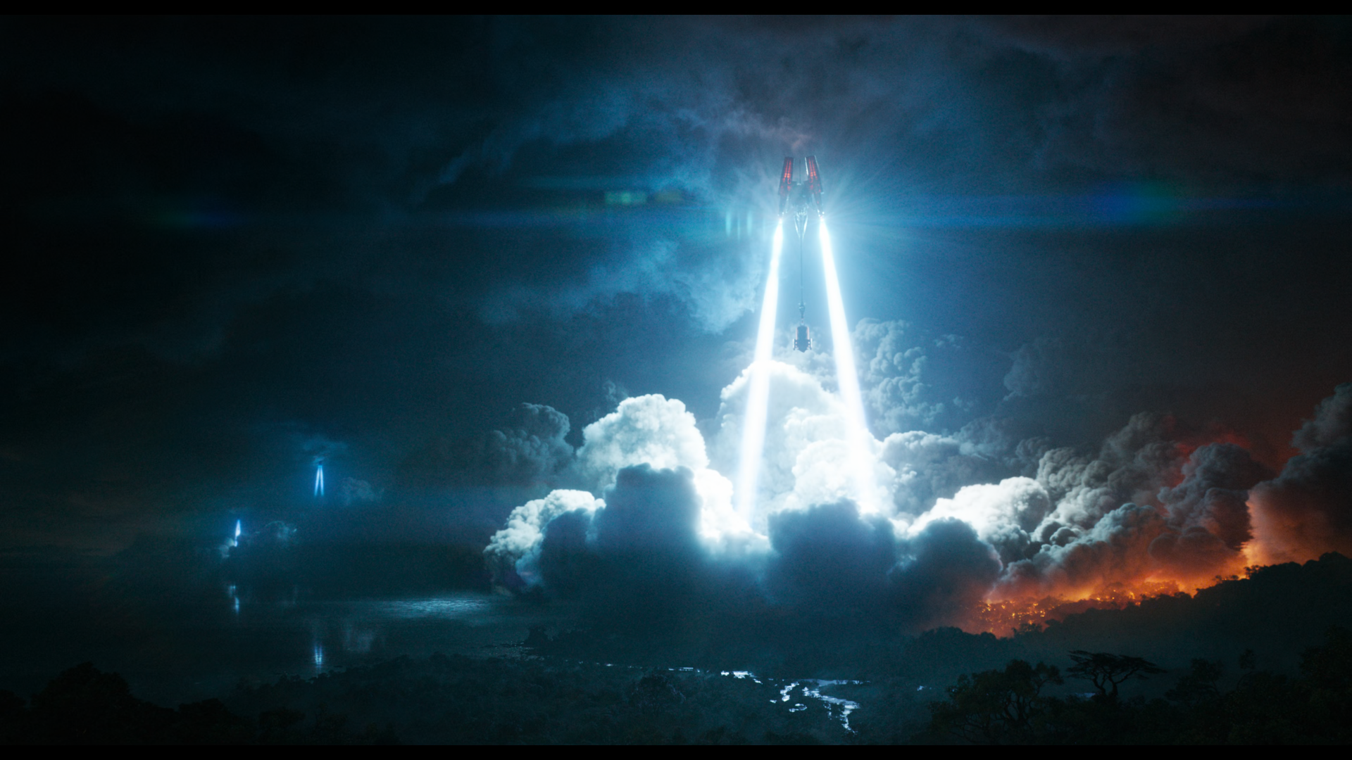 Spaceship launching through clouds on Pandora at night HD Wallpaper