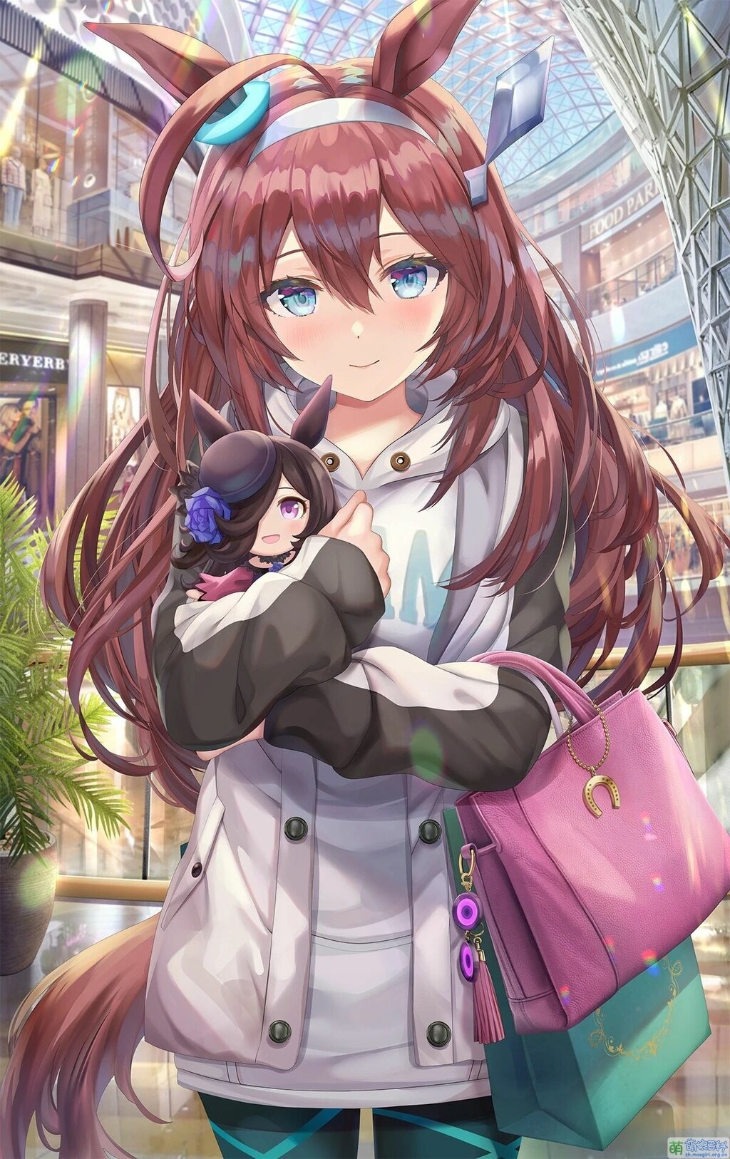 Mihono Bourbon holding a doll in a shopping mall HD Phone Wallpaper