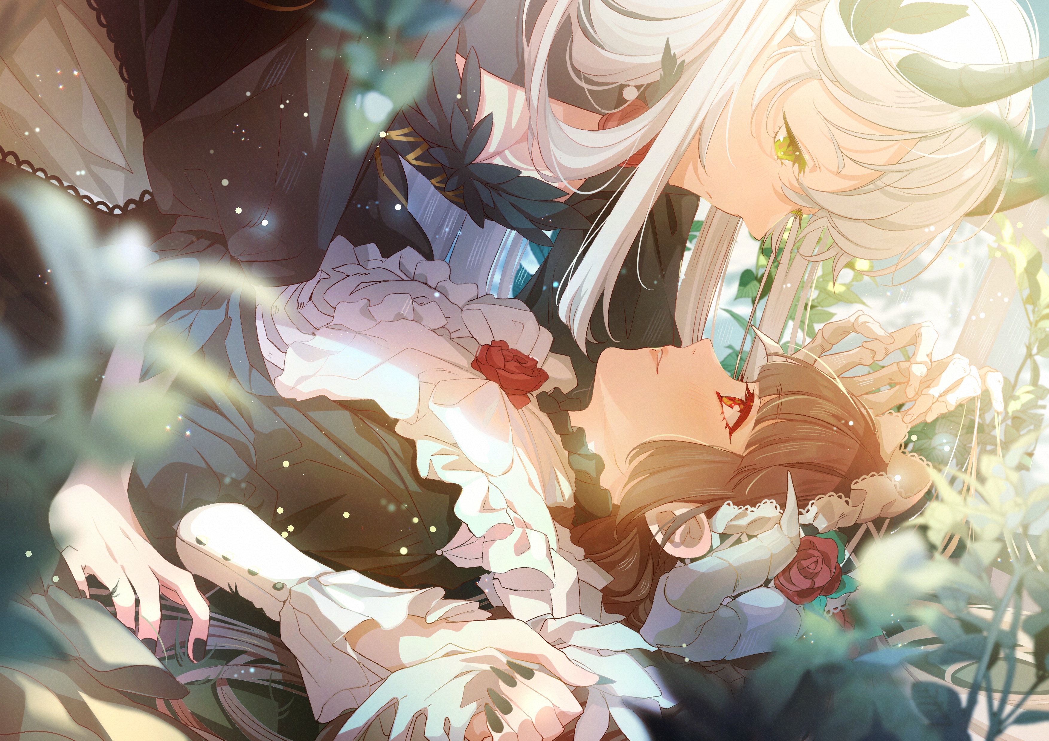 Two anime girls in ornate dresses in a garden HD Wallpaper