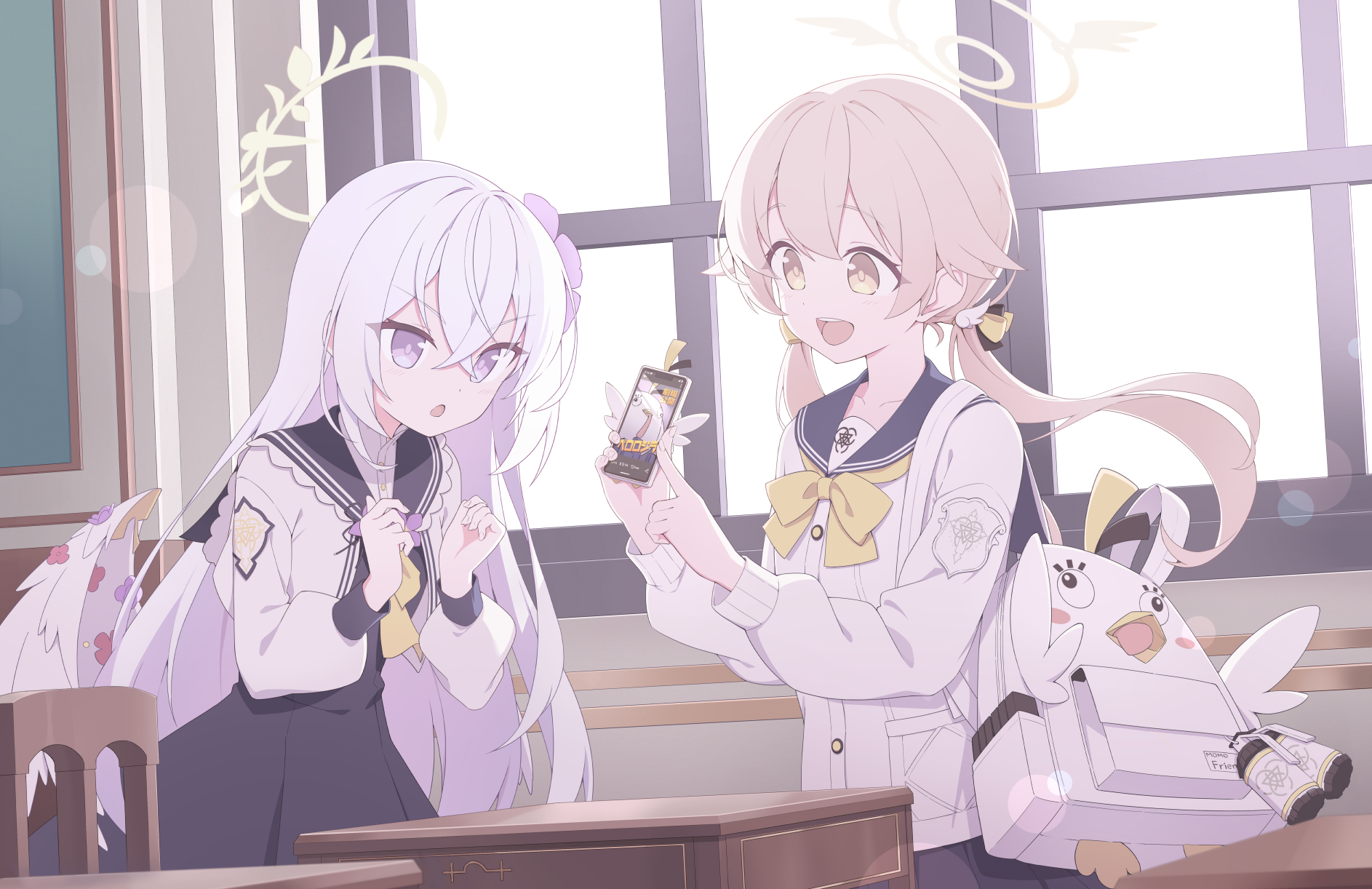 Anime girls in school uniforms looking at a phone HD Wallpaper